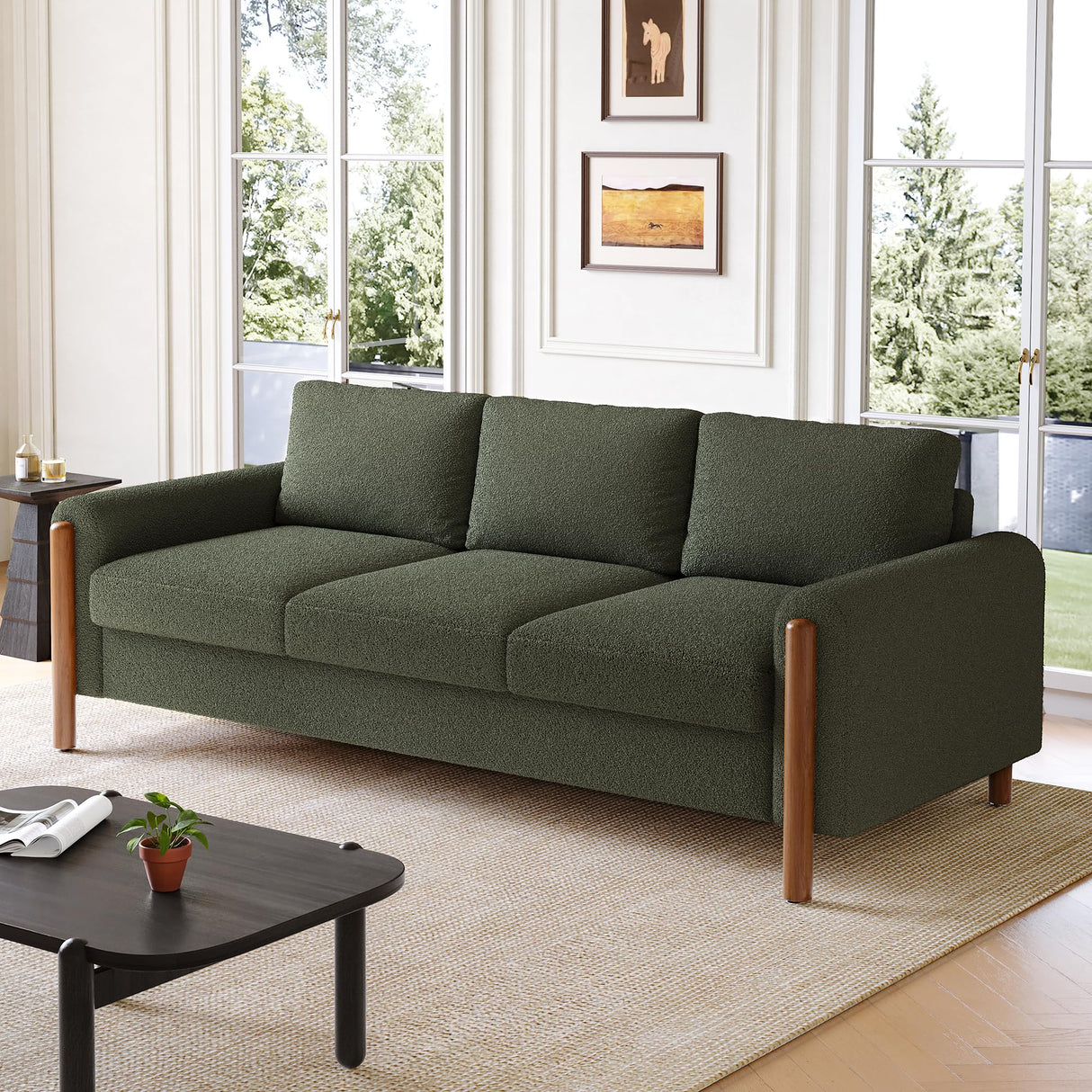 Merax 83.86" 3-Seater Sofa, Curved Armrest with Integrated Solid Wood Legs, Teddy Velvet Fabric, High Weight Capacity (250 lbs/seat), Durable Solid Wood Frame,Green Merax