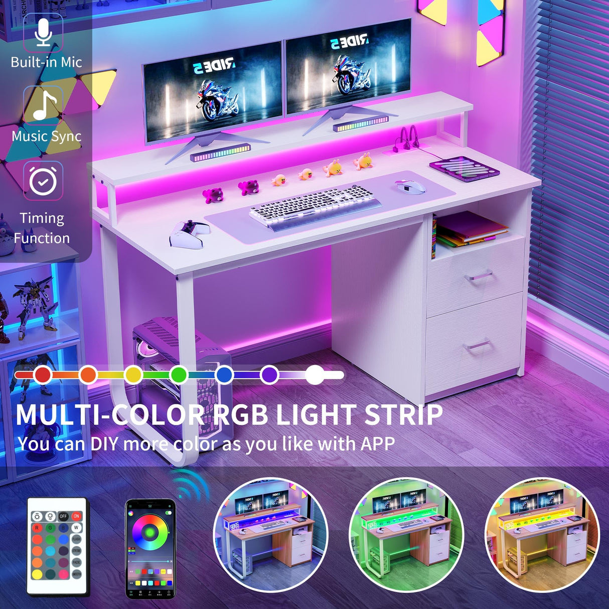 YITAHOME Computer Desk with Drawers, 47.2" Office Desk with Power Outlets & LED Light, Home Office Desk with Storage Shelves, White YITAHOME