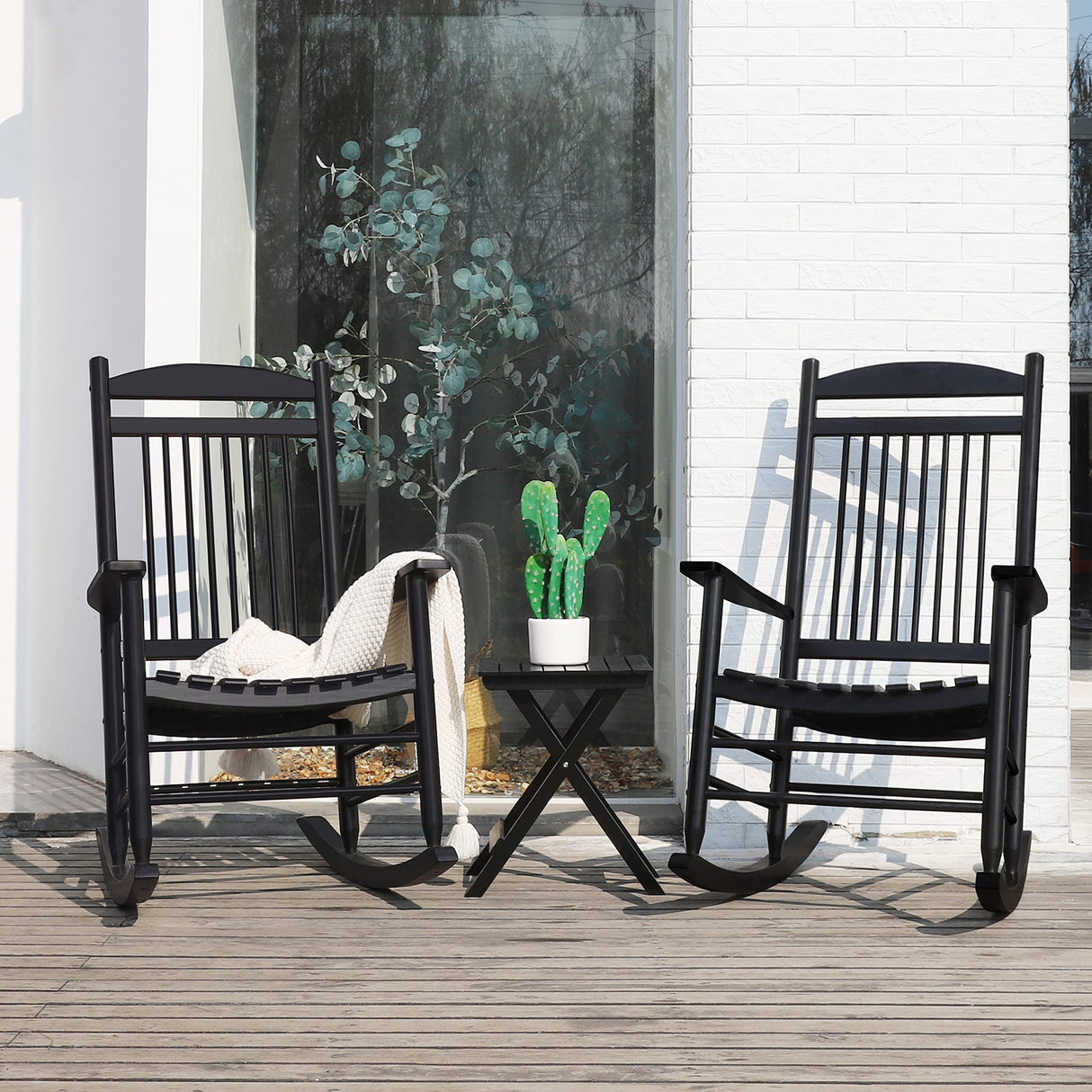 VEIKOU Rocking Chair, Set of 3 Outdoor Rocking Chair with Side Table,275Lbs Weight Capacity,Wooden Rocking Chair for Porch, Backyard, Indoor, Black VEIKOU
