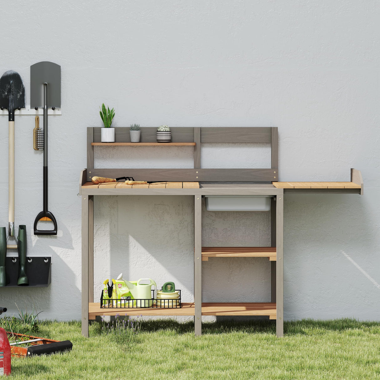 Wooden Potting Bench Table with Sink,Outdoor Garden Table Work Bench with Shelf, Workstation for Outside Lawn Patio Wood-Natrl