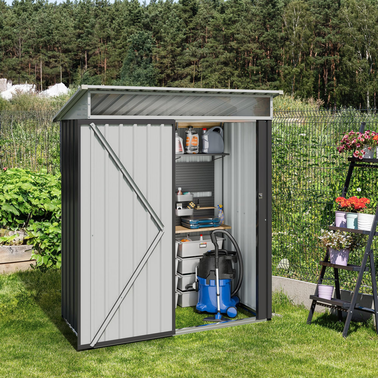 JYQAQA 5x3 FT Outdoor Garden Storage Shed, Waterproof Metal Garden Sheds with Window and Lockable Double Door, Weather Resistant Steel Tool Storage House Shed for Patio, Lawn Dark Gray JY QAQA PET