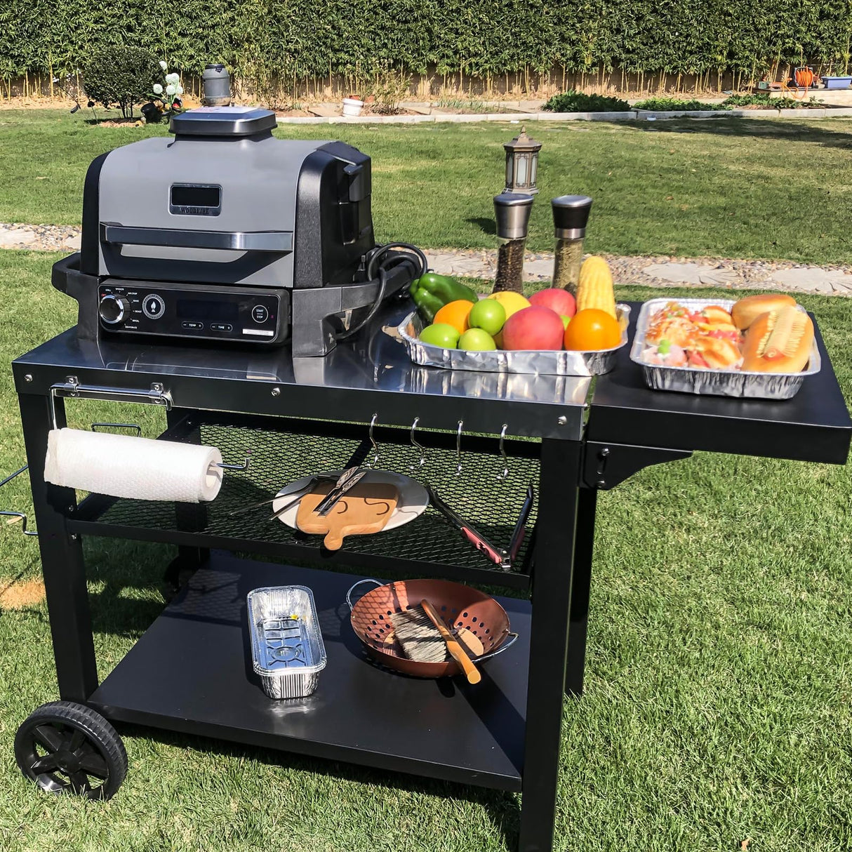 Outdoor Kitchen Island, Grill Table Cart with Drawer, Pizza Oven Stand, Movable 3-Shelf Prep Table with Side Table for Ninja Woodfire, Ooni Pizza Oven, Blackstone Griddle, Cuisinart, Cooking Station BBQMall