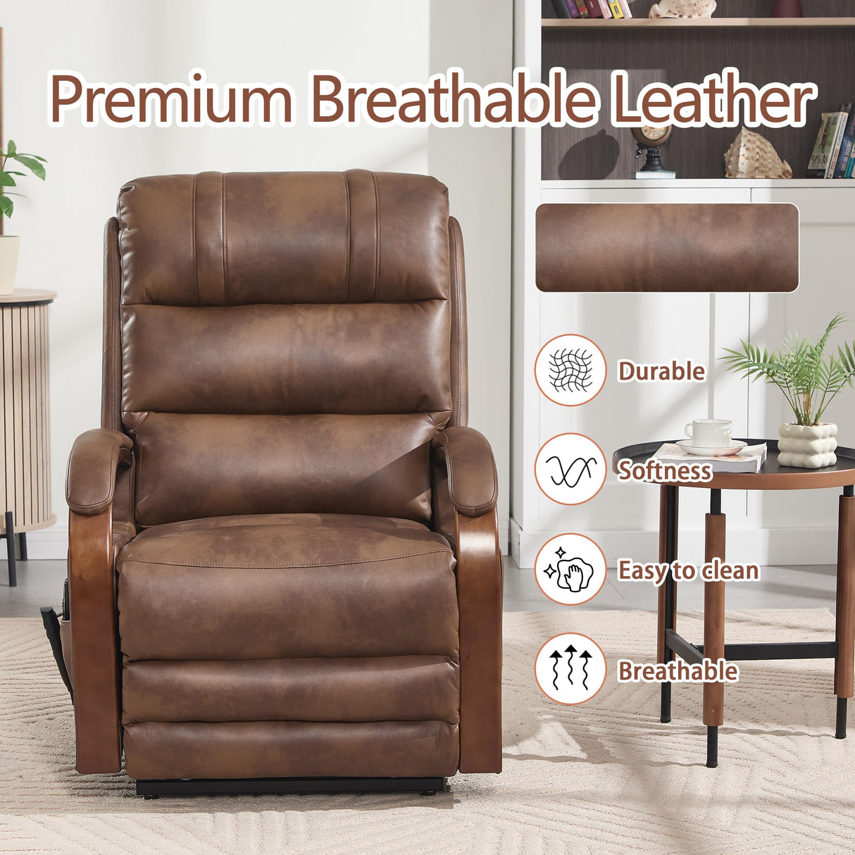 EZZUP Power Lift Recliner Chair for Elderly People, Dual Motor Lift Chair with Vibration Massage and Heat, Lay Flat Recliner with Solid Wood Armrest, Standing Assistance Reclining, Faux Leather Brown EZZUP