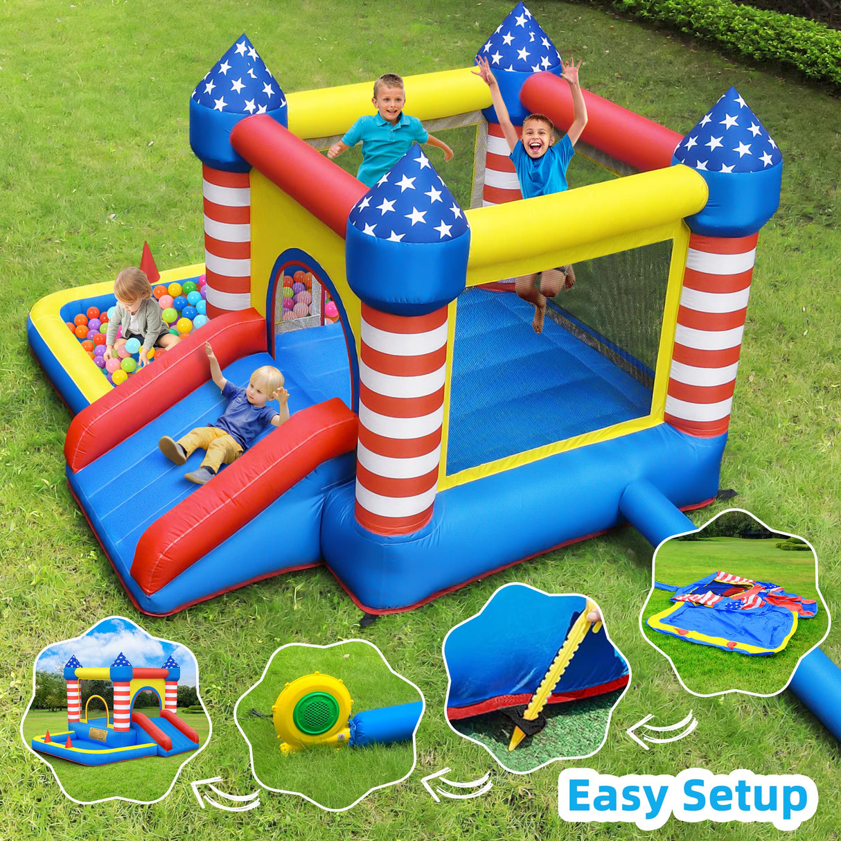 Culaluva Inflatable Bounce House: Bouncer Bouncy Castle 5 in 1 with Ball Pit & Slide for Kids Aged 3-8 - with 370W Blower & Storage Bag - Indoor Outdoor Play Stripes Style CulaLuva