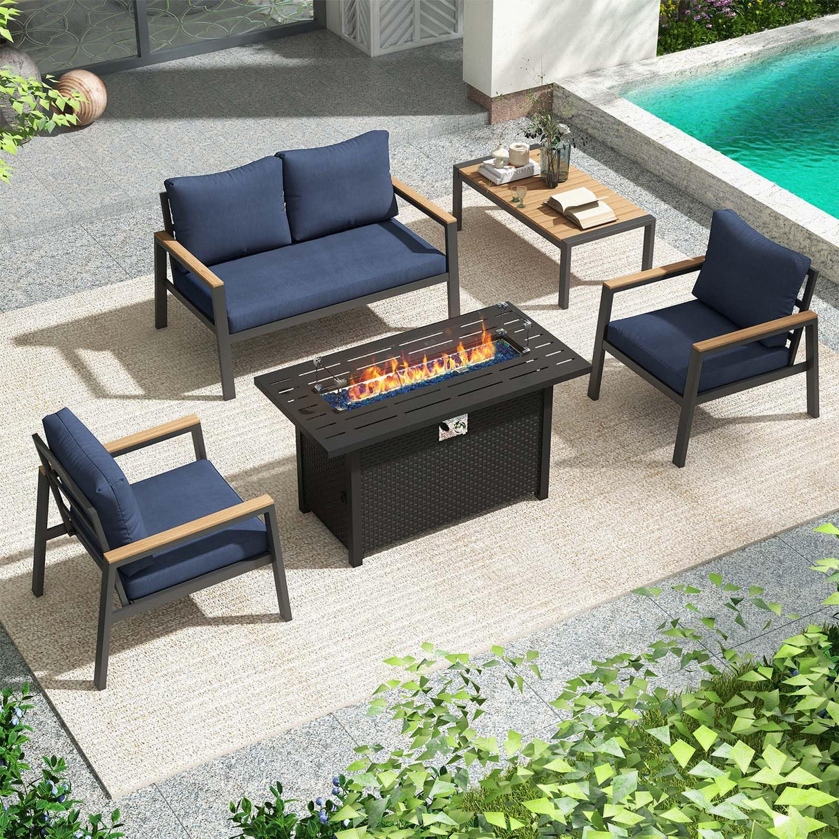 JOIVI Aluminum Outdoor Patio Furniture Set with 45” Fire Pit Table, 5 Pieces Patio Conversation Set with 50000BTU Propane Fire Pit, 4 Seats Outdoor Sectional Sofa Set with Coffee Table, Navy Blue JOIVI
