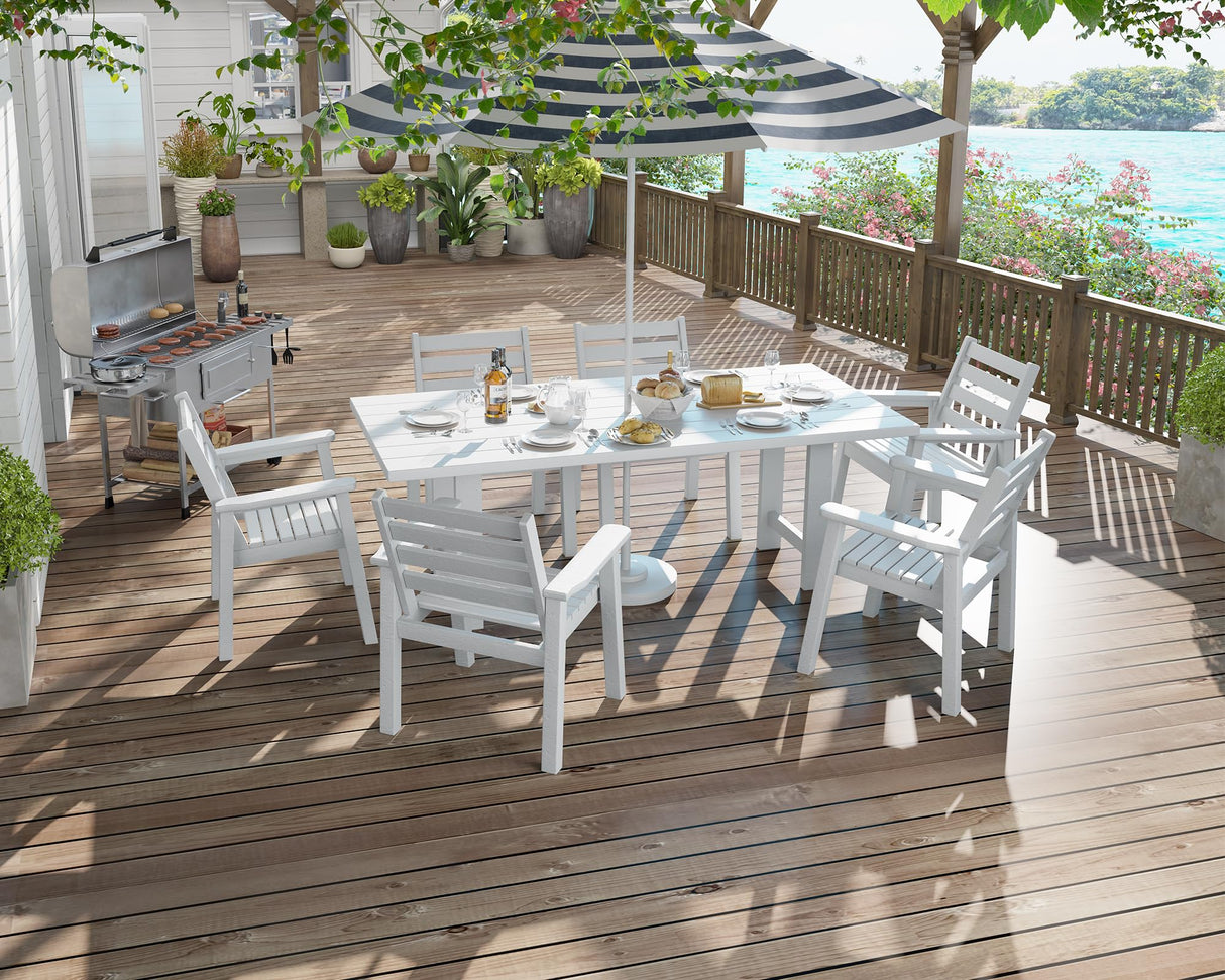 AMERLIFE 7-Piece HDPE Outdoor Dining Table Set with 6 Chairs, 71" L Patio Dining Furniture Set with Umbrella Hole, Modern Dinner Table & Chairs Set for Garden, Backyard, Poolside, White AMERLIFE