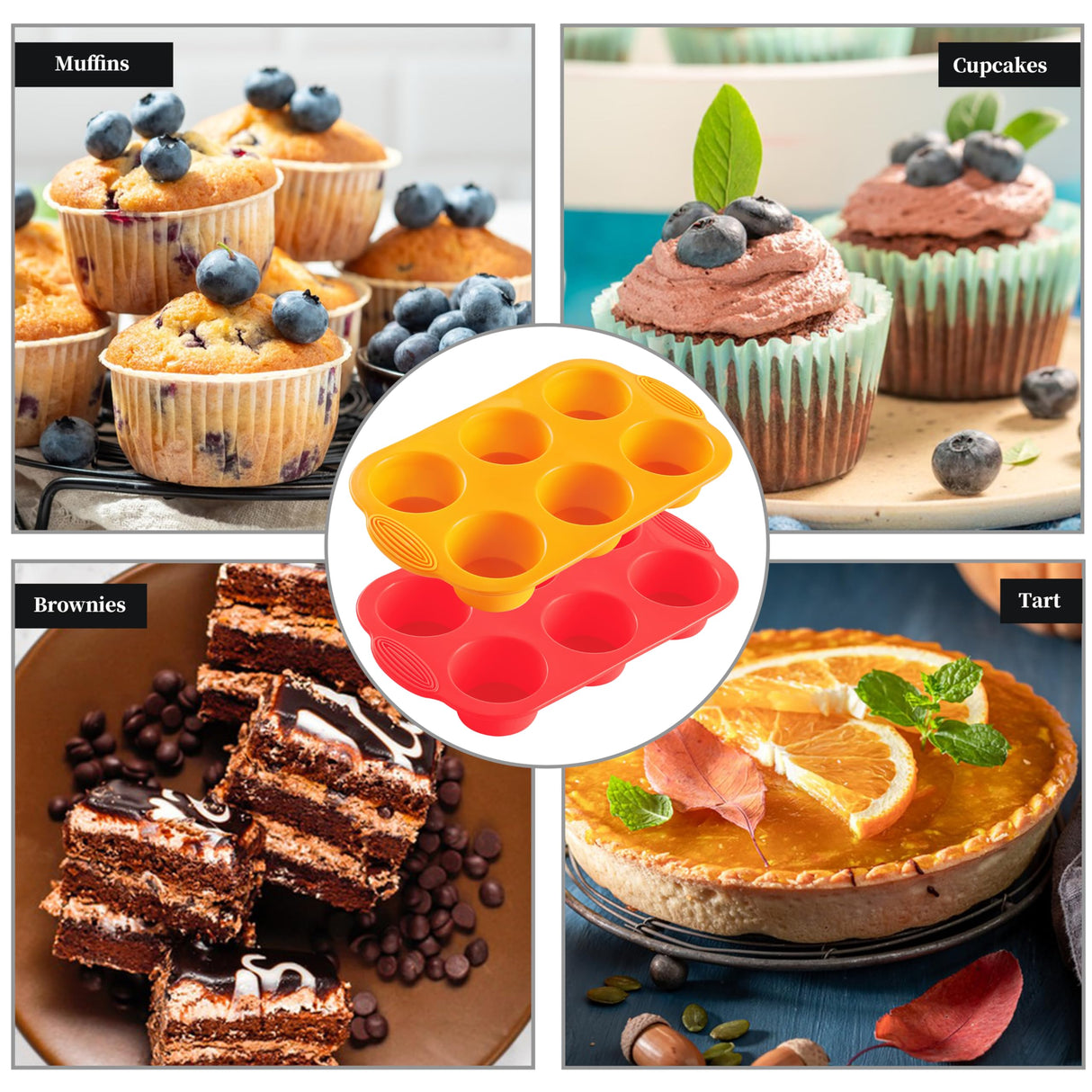 MONGSEW 2PCS Silicone Muffin Cupcake Pan Molds, 6-Cavity Non Stick Silicone Muffin Pans for Baking Muffin, Cupcakes, Brownies and More, Food Grade and BPA Free (Orange and Red) MONGSEW