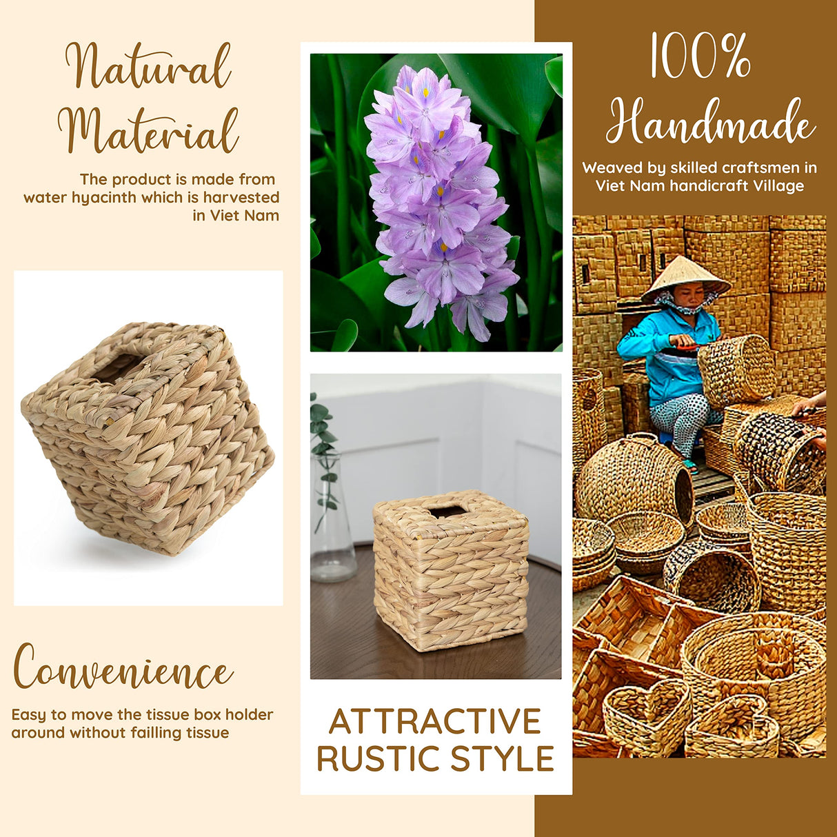 KOLWOVEN Tissue Box Holder - Tissue Box Cover Square- Wicker Tissues Cube Box Cover -Boho Decorative Woven Facial Tissue Holder on Table and Bathroom (Square) KOLWOVEN