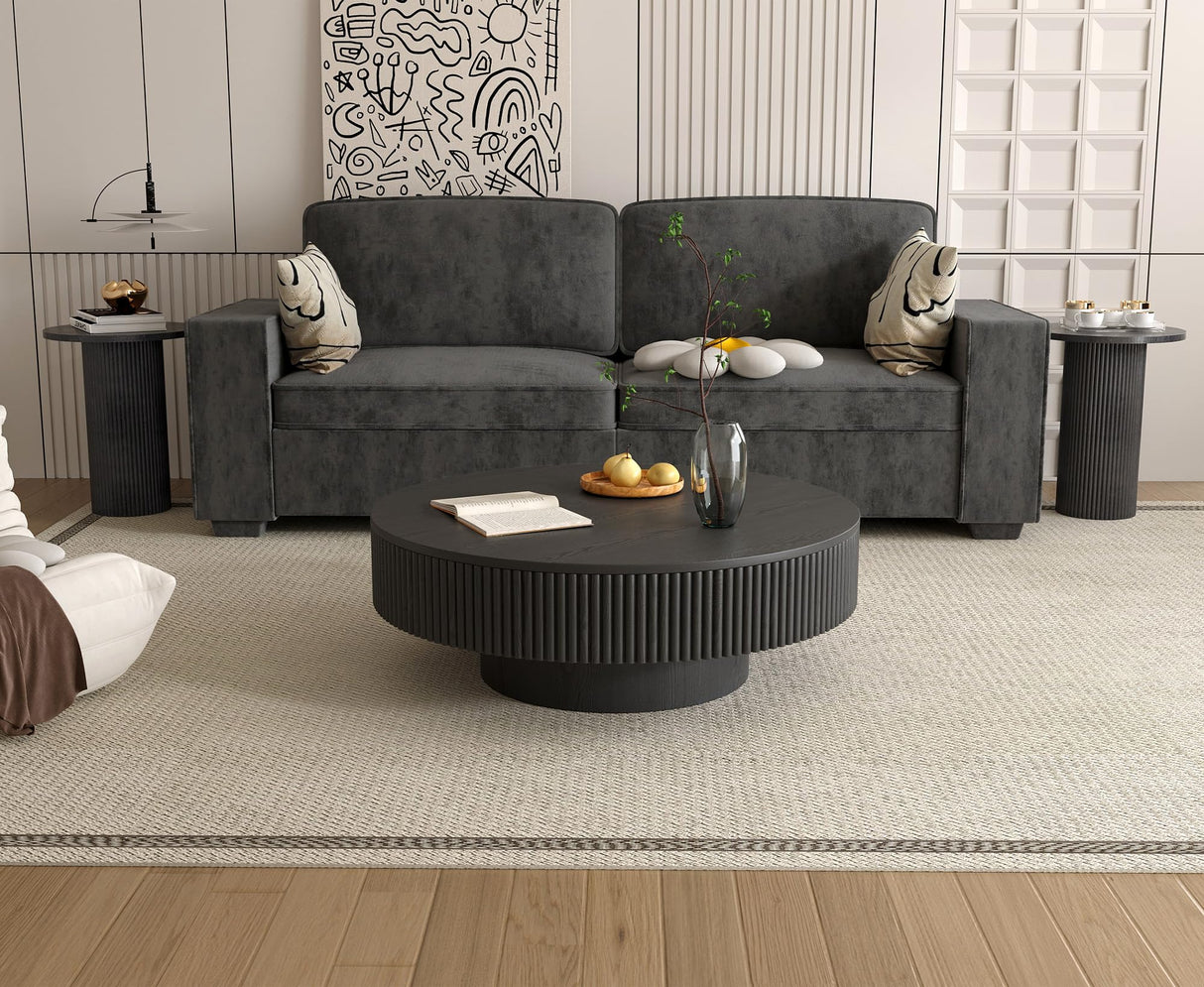 Apicizon 31.5'' Black Round Fluted Coffee Table for Living Room, Mordern Wood Coffee Table, Drum Coffee Table for Small Space, Center Accent Table, Mid-Century End Table for Apartment Apicizon