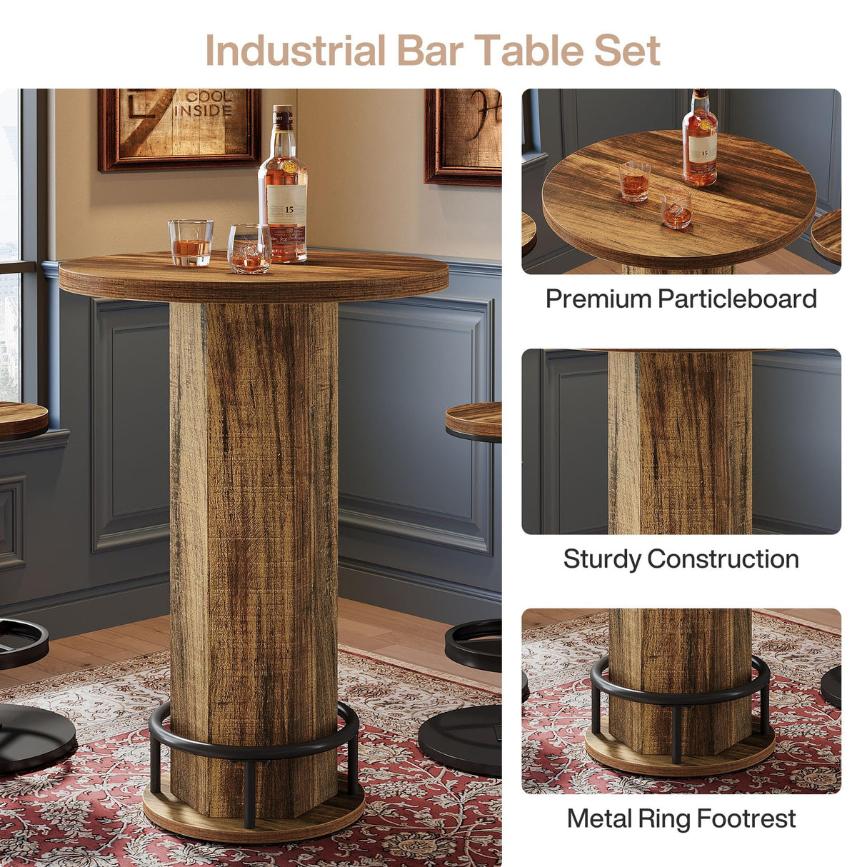 Tribesigns Round Bar Table with Chairs, Industrial Bistro Sets with 2 barstools, Pub Cocktail Table with Metal Ring Footrest for Kitchen Nook, Apartment, Small Space Tribesigns
