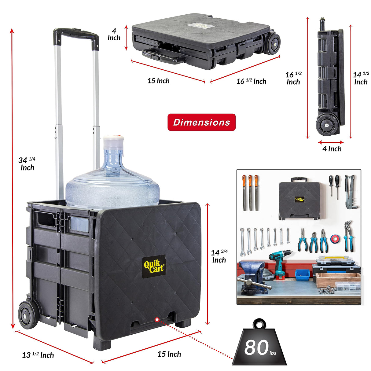 dbest products Quik Cart Sport Collapsible Rolling Crate on Wheels for Teachers Tote Basket 80 lbs Capacity, Made from Heavy Duty Plastic Used as a Seat, Black dbest products