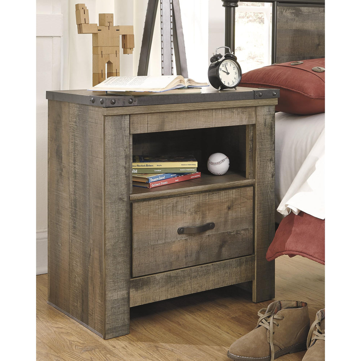 Signature Design by Ashley Trinell Rustic 1 Drawer Nightstand with USB Charing Stations, Warm Brown Signature Design by Ashley