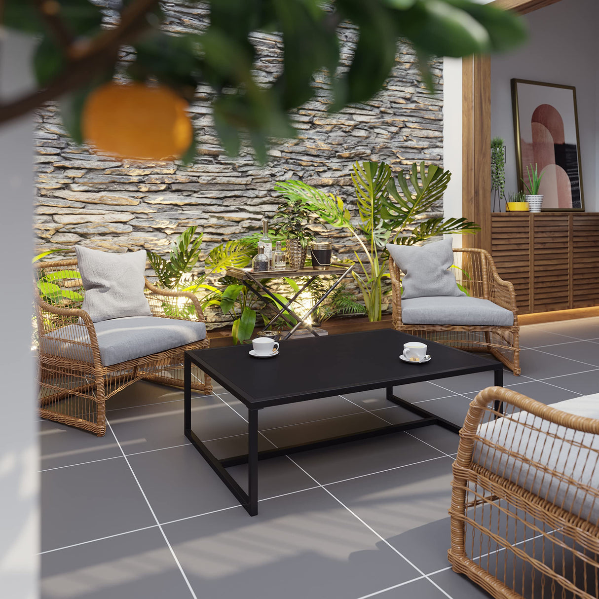 EMMA + OLIVER All-Weather Commercial Grade Indoor/Outdoor Steel Patio Coffee Table in Black EMMA + OLIVER