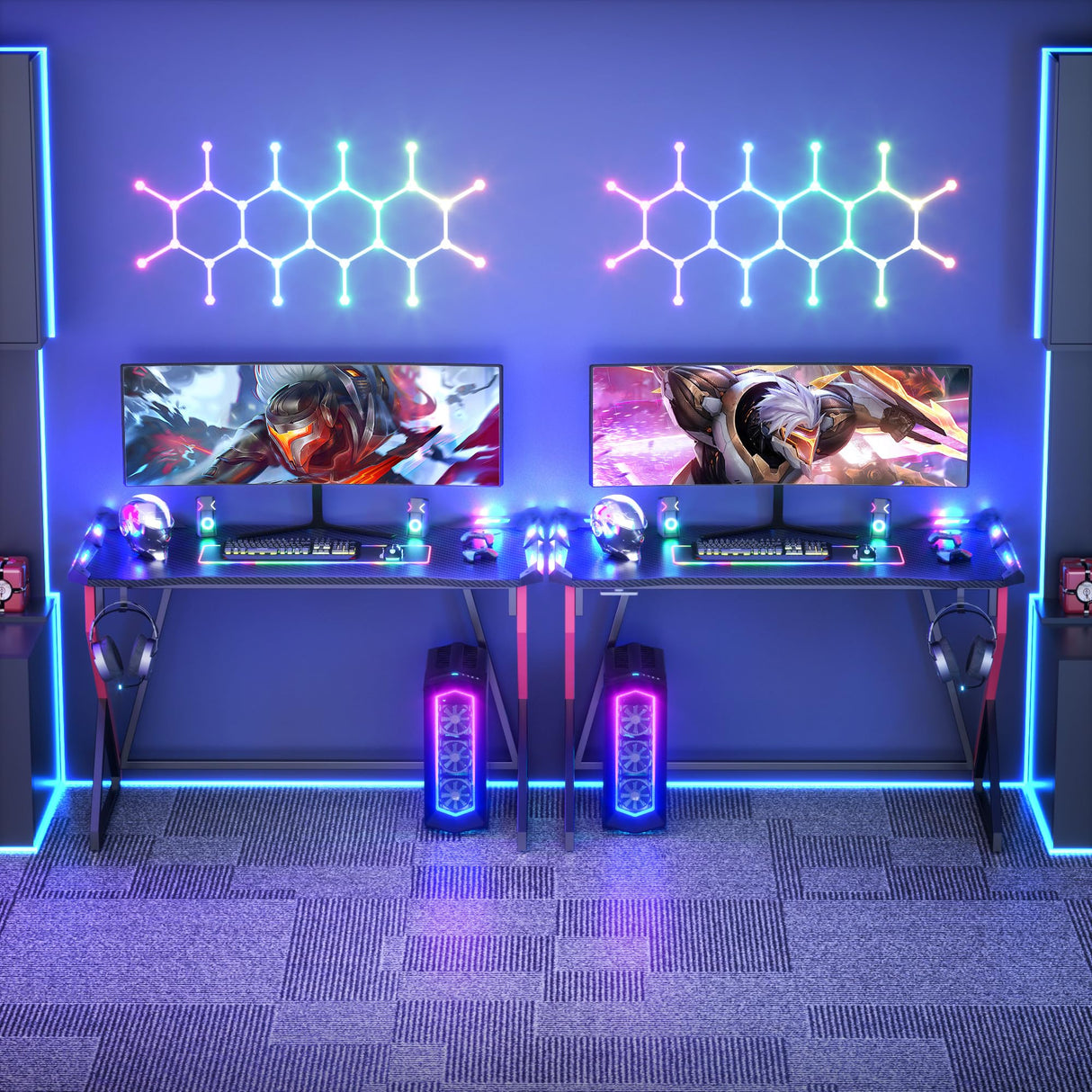 TIQLAB Small Gaming Desk with LED Lights, 40 Inch Computer Desk for Home Small Space, Gaming Table with Carbon Fiber Surface, PC Gamer Desk for Kids Boys Men, Black TIQLAB