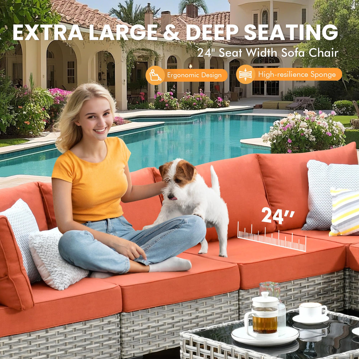 Outdoor Sectional Patio Furniture Set with Fire Pit Table and Swivel Rocking Chairs,11 Pieces Wicker Conversation Sets L Shaped Couch Out Door Sofa Outside Furniture for Garden Deck,Orange Red POUUIN