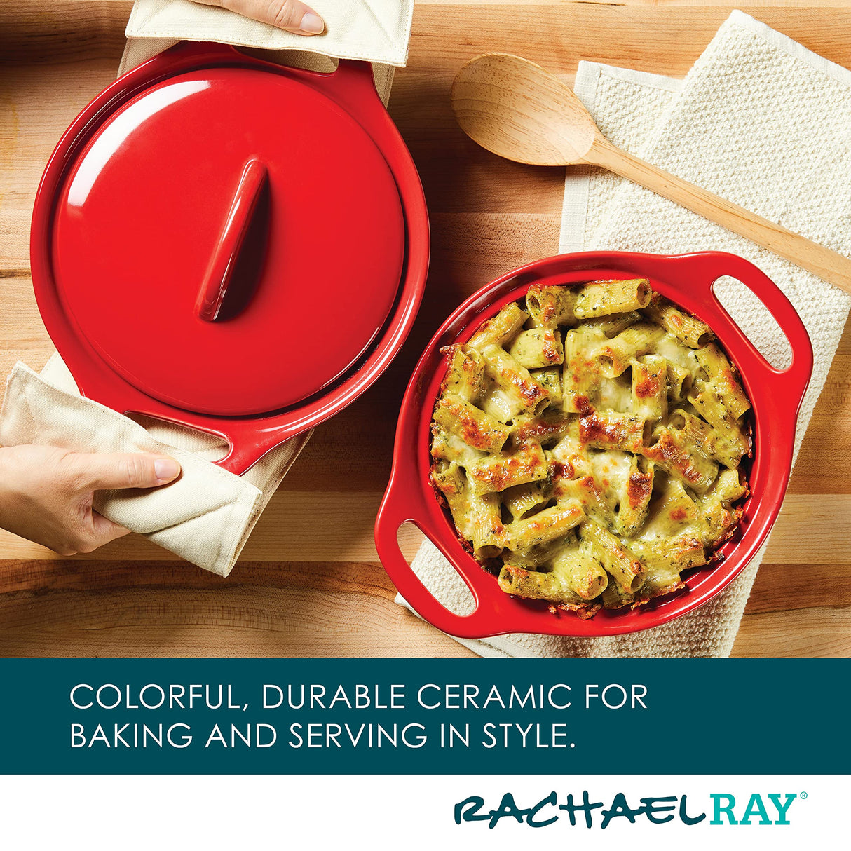 Rachael Ray Solid Glaze Ceramics Casserole Bakers/Baking Dish with Shared Lid Set, 3 Piece, Red Rachael Ray