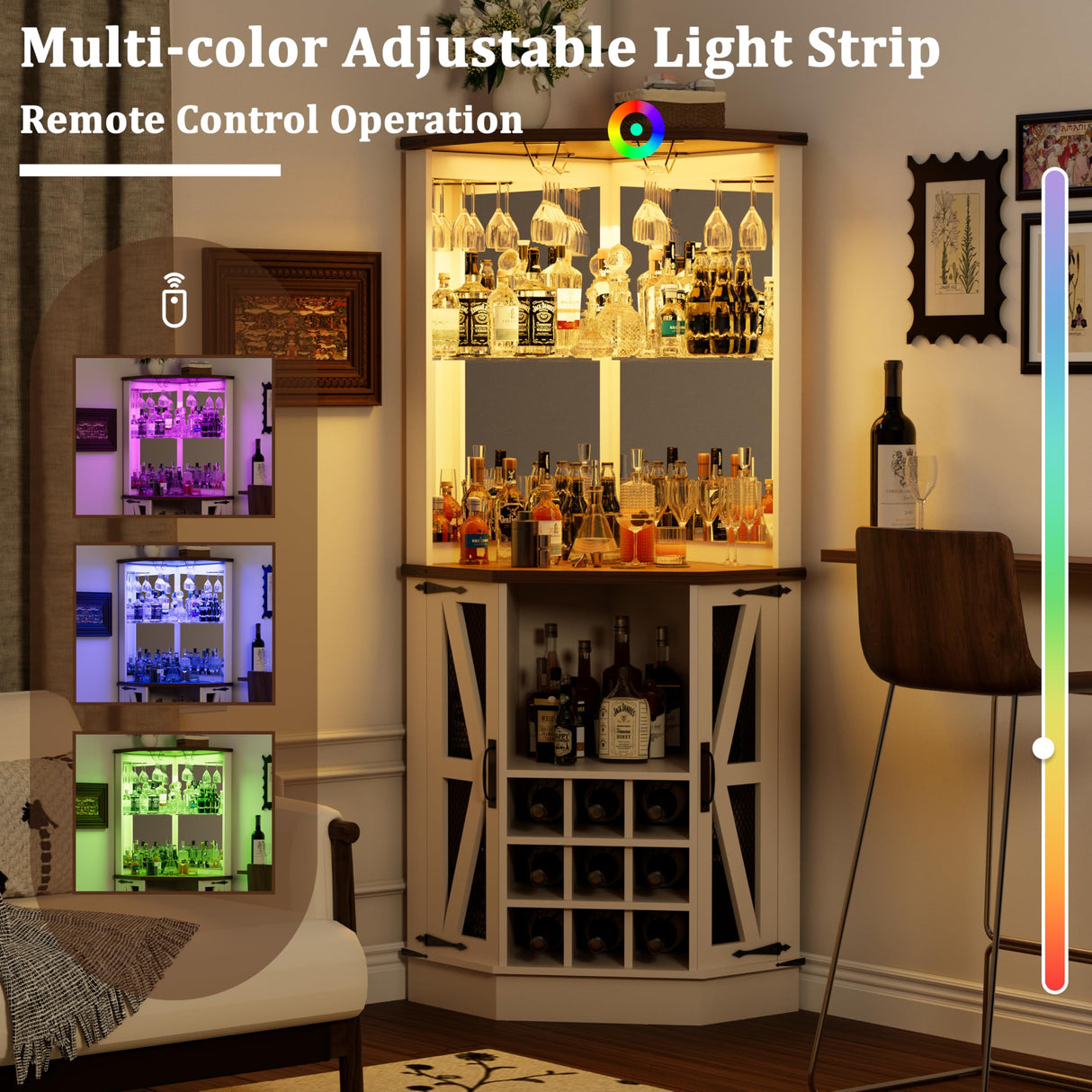 Royal Windsor Farmhouse Corner Bar Cabinet,Modern Wood Freestanding Wine Bar with Storage and Wine Holder, Tall Hutch Cabinet for Home, Display Bar Cabinet with LED Lights and Mirror, White Royal Windsor