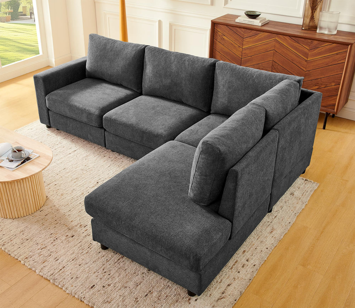 Elevyoliv 100" L Shaped Sectional Couch with Chaise, Modern 4-Seater Sectional Couches for Living Room, Comfy Chenille Corner Sofa for Apartment, Dark Grey Elevyoliv