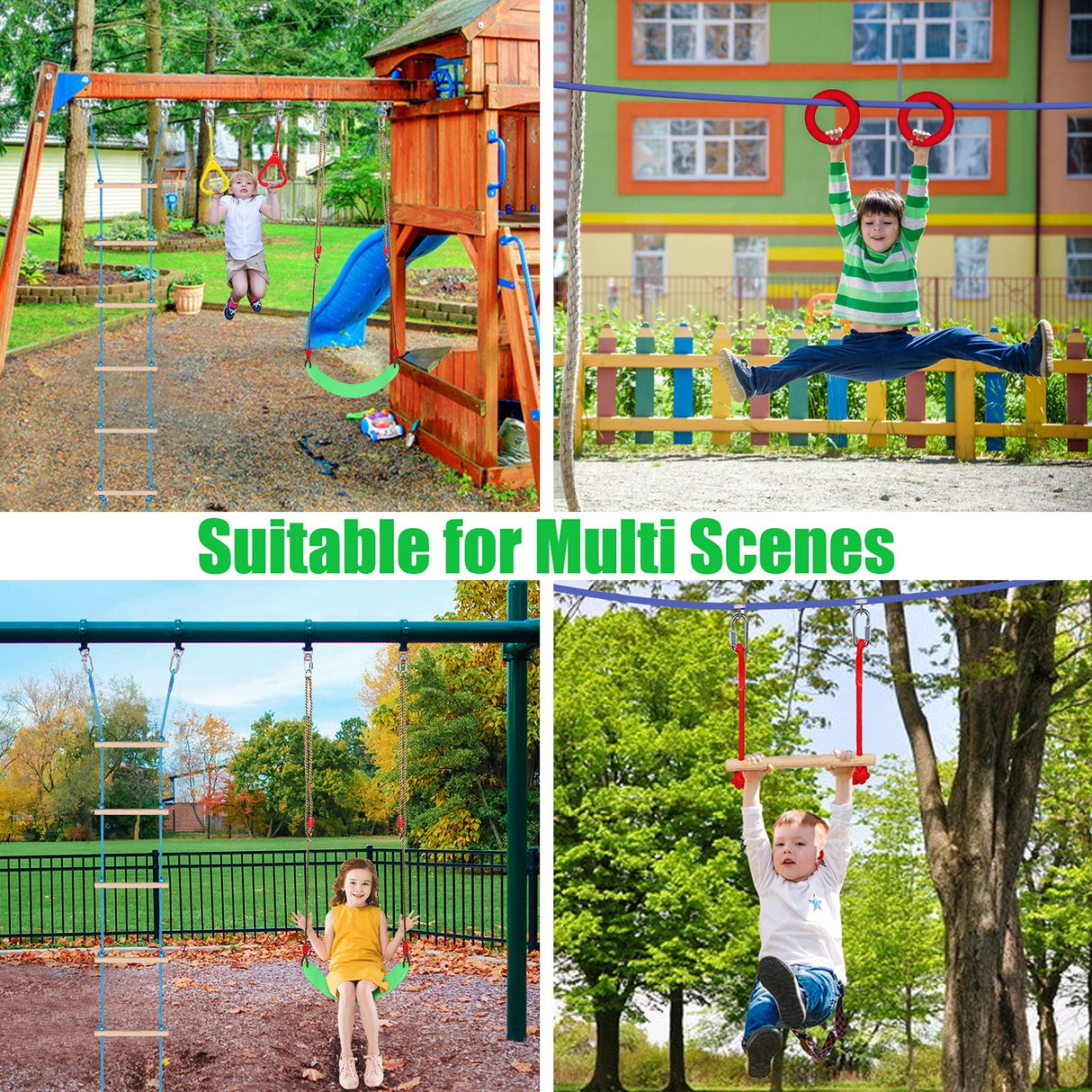 Ninja Warrior Kids Obstacle Course, 65 FT Durable Slackline with 7 Obstacles-Swings, Monkey Bars, Arm Trainers and More, Weatherproof Outdoor Obstacle Course for Backyard, Gym, Field FAHKNS