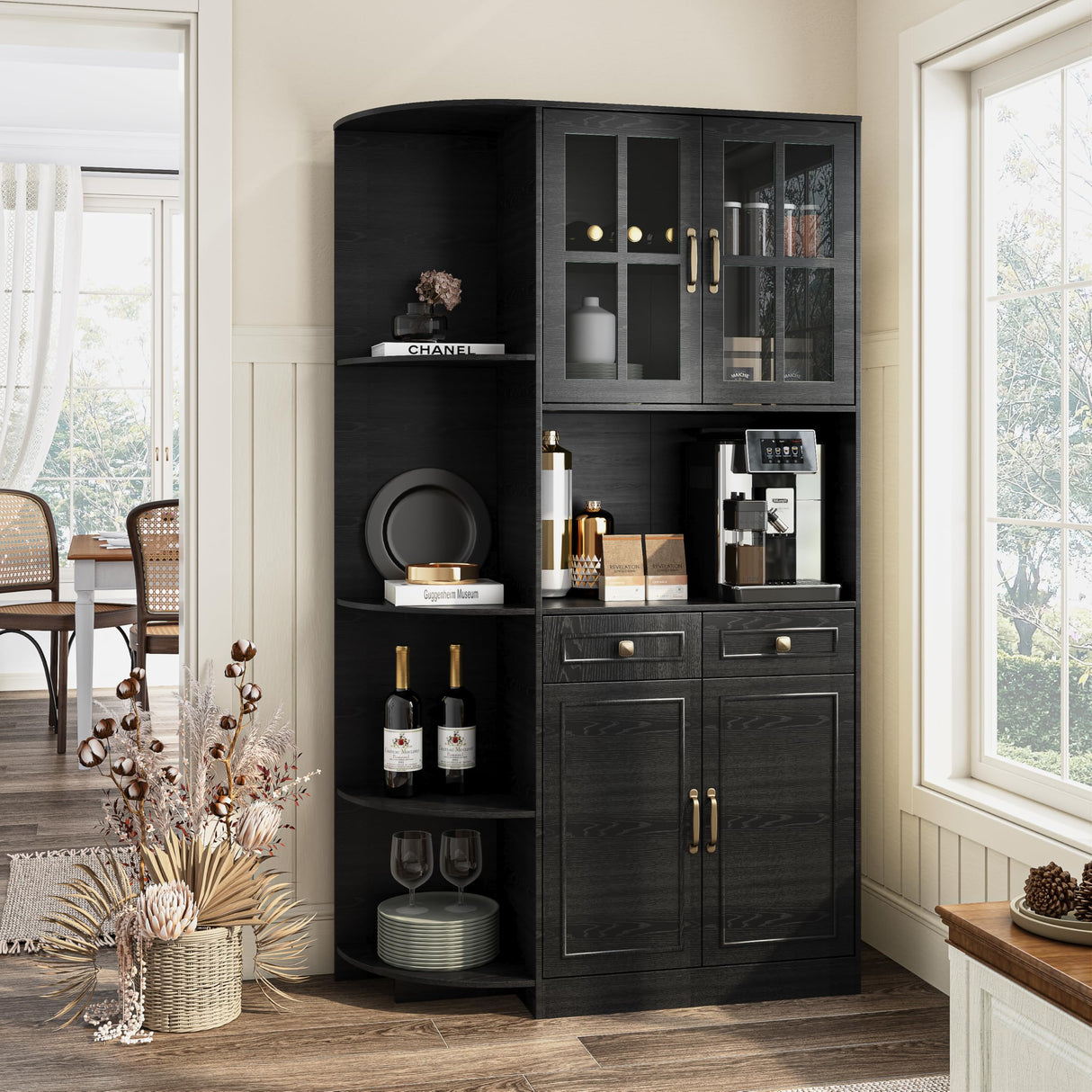 Fatmok Kitchen Pantry Cabinet with Charging Station, 71" Tall Modern Farmhouse Wood Kitchen Cabinet with a Large Drawer & Shelves, Freestanding Kitchen Hutch Cabinet with Microwave Stand, Cupboard Fatmok