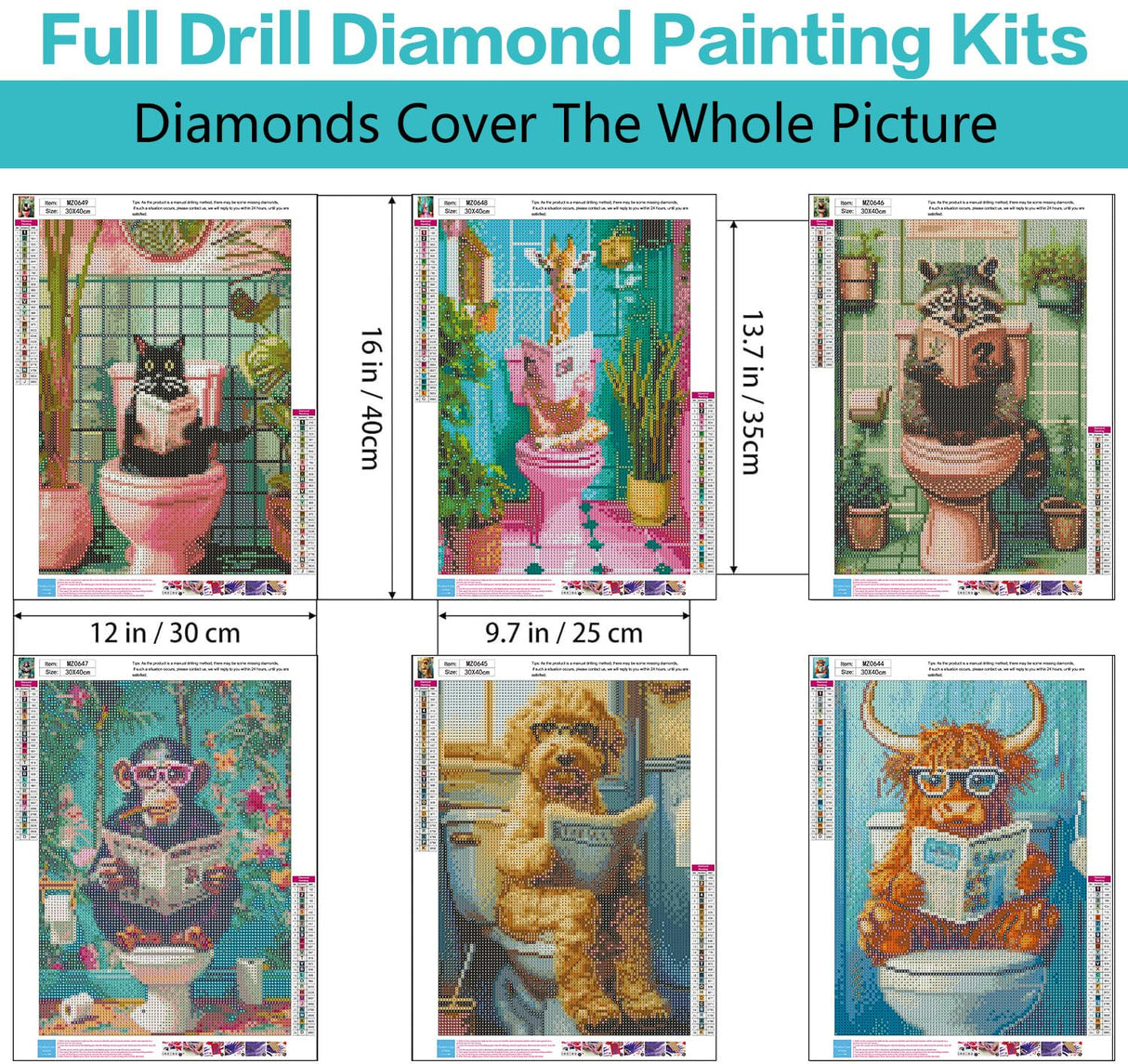 Diamond Art Kits for Adults - 6 Pack Funny Animals Diamond Painting Kits for Adults, 5D Round Full Drill Gem Art, Paint by Diamonds Pictures DIY Crafts Kits 12x16 inch Axquilon