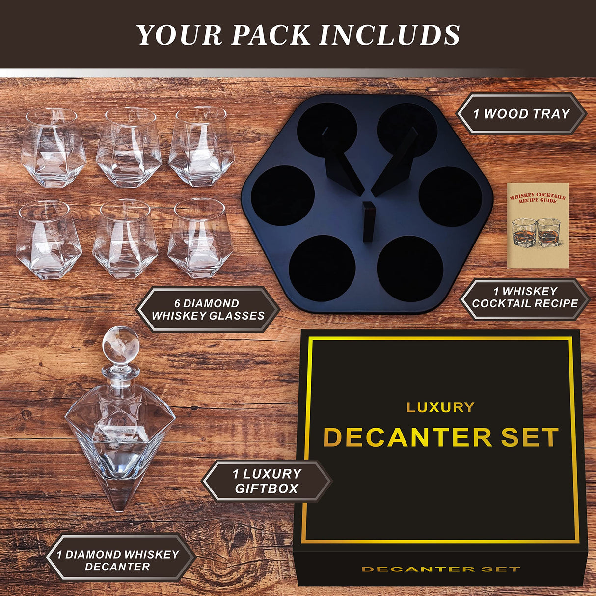 6-Glass Diamond Whiskey Decanter Set with Glasses,Whiskey Decanter Sets for Men,Decanters for Alcohol Whisky Decanter & Glass Set,Whiskey Set Bourbon Decanter Gift,Tequila Decanter Liquor Decanter Set DESIGNERCHOICE