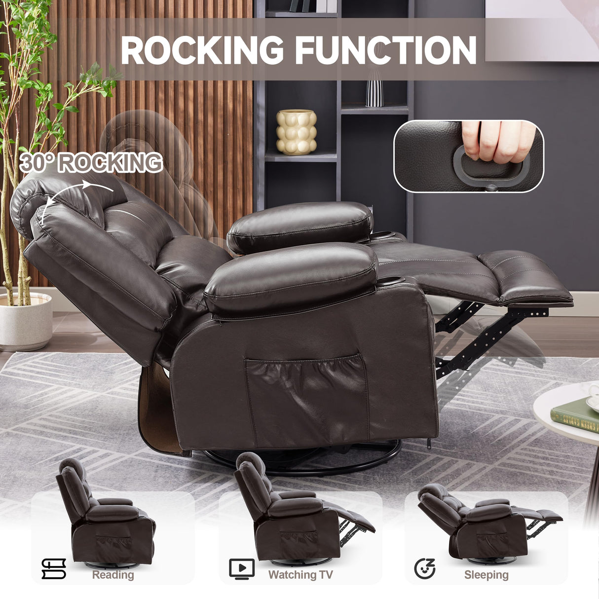 Huatean Home Rocker Recliner Chair with Heat and Massage, 360° Swivel Recliner Chairs for Adults, Oversized Recliner Single Sofa Seat with Cup Holders, Lazy Boy Recliner (Darkbrown, Regular) Huatean Home