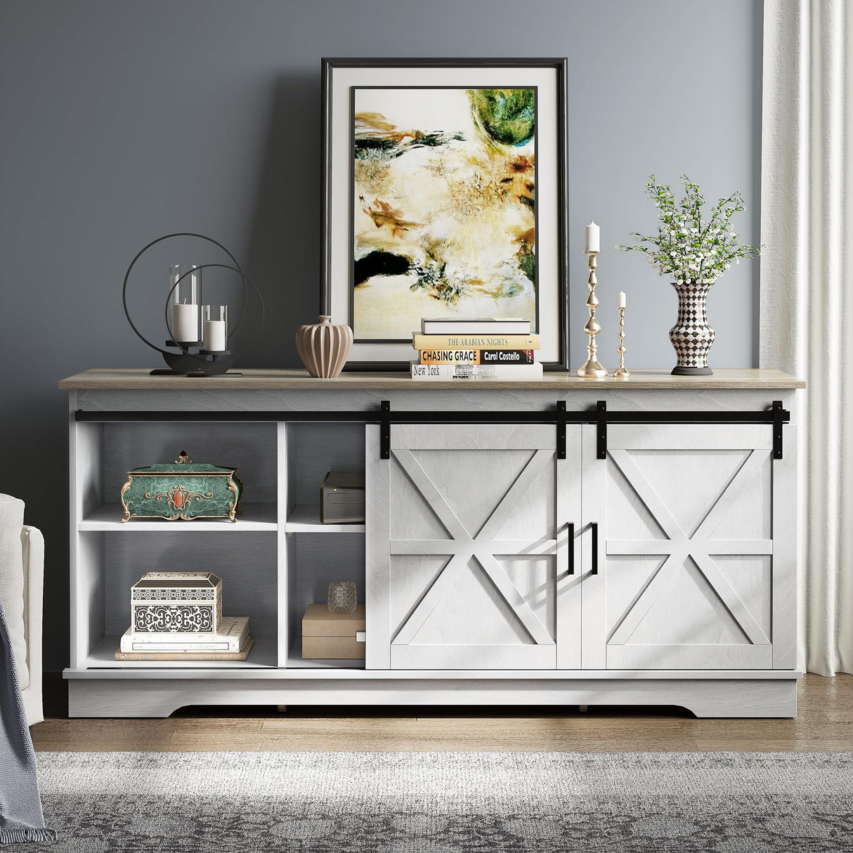 YITAHOME Farmhouse TV Stand for 65 Inch Television Stand, Entertainment Center with Storage Cabinets and Sliding Barn Doors, Rustic Media TV Console Table for Living Room, Grey White/Grey Wash YITAHOME