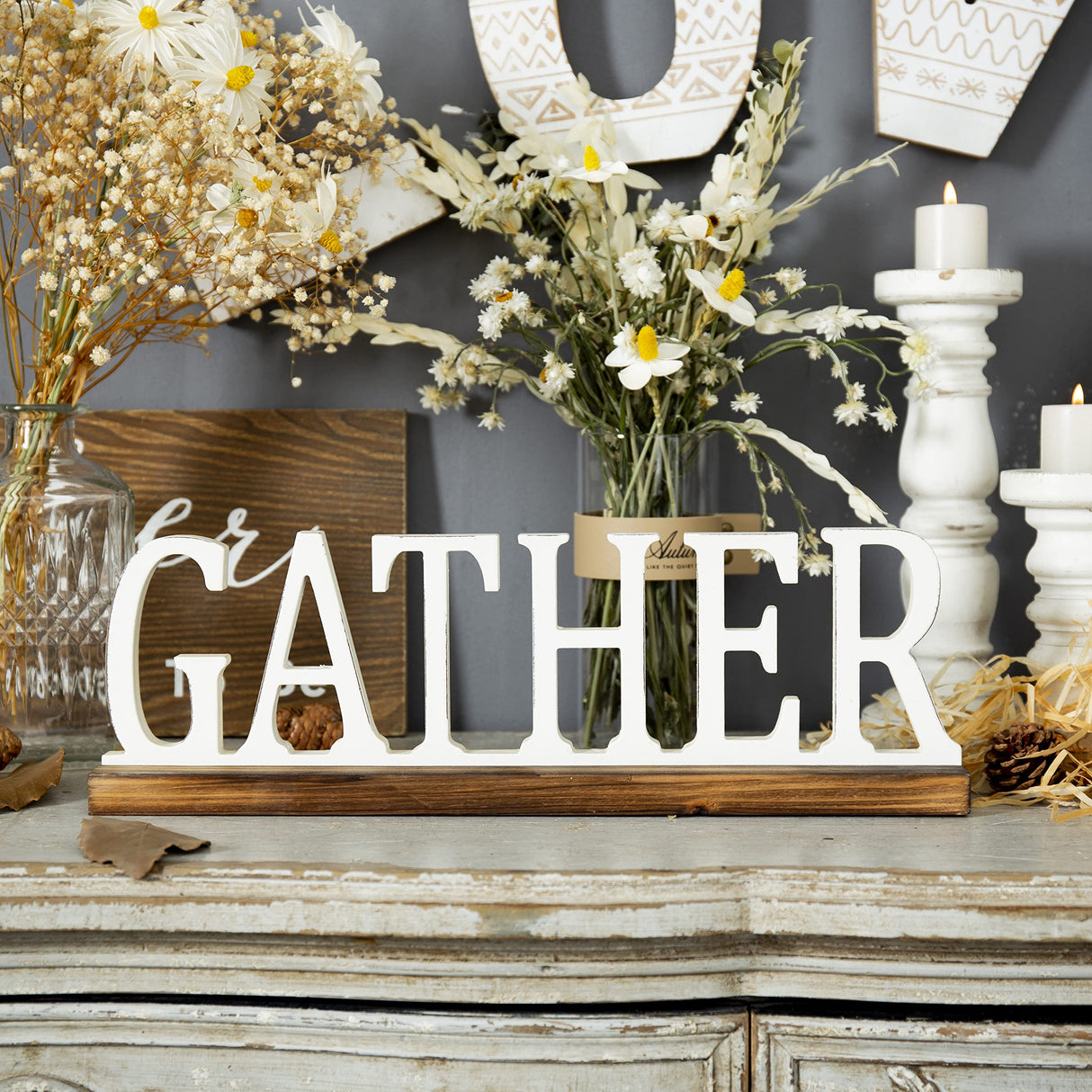 Sintosin Rustic Wooden Gather Signs for Home Decor 16", Tabletop White Distressed Home Decor Signs, Christmas Signs Farmhouse The Gathering Place Sign for Fireplace Shelf Living Room Kitchen Sintosin