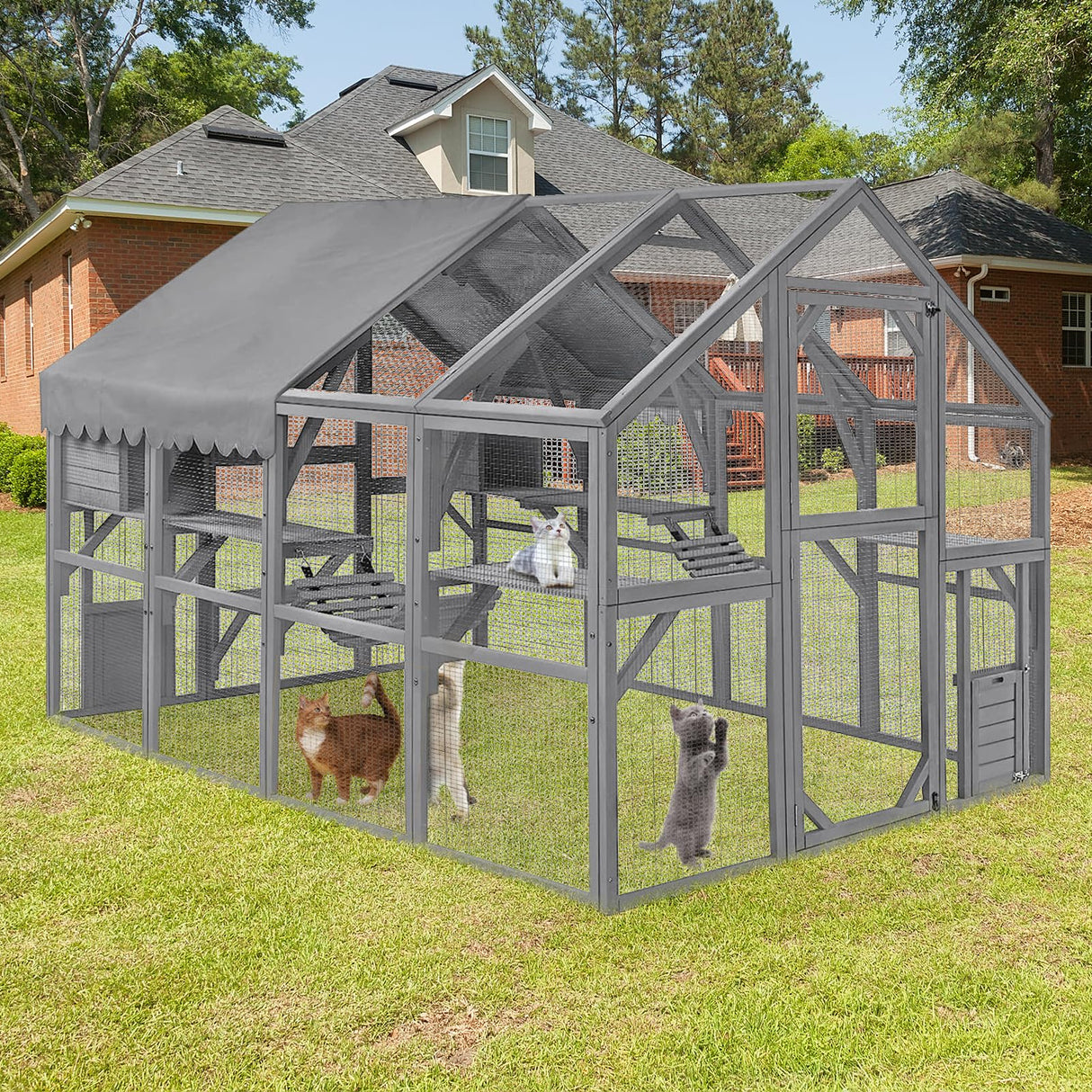 HYDRAGARDEN Large Catio Outdoor Cat House Enclosure Wooden Cat Cage Kitten Condo for Multiple Pets Walk in, with Bouncy Bridge, Platforms, Small Houses and Weatherproof Roof - 111”x74”x74” HYDRAGARDEN