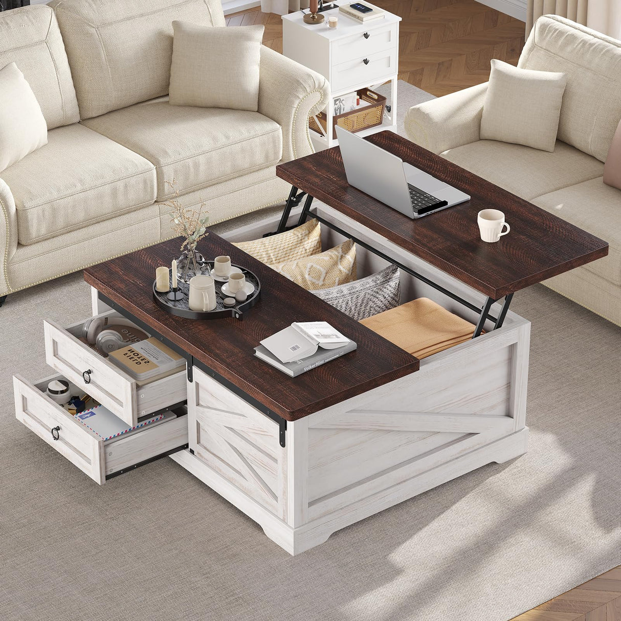 Itaar 39.4'' Lift Top Coffee Table with Storage, Farmhouse Coffee Tables for Living Room, Square Coffee Table with Large Hidden Compartment & 2 Drawers & Adjustable Shelves, White Itaar