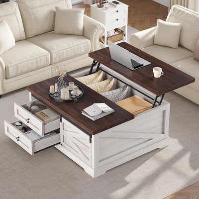 Itaar 39.4'' Lift Top Coffee Table with Storage, Farmhouse Coffee Tables for Living Room, Square Coffee Table with Large Hidden Compartment & 2 Drawers & Adjustable Shelves, White