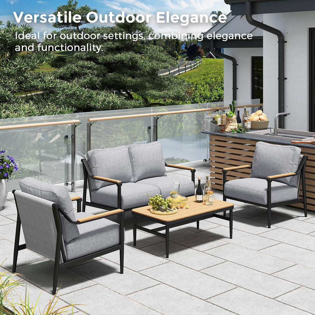 Jocoevol 4 Pieces Outdoor Sofa Conversation Set, 4 Seats Couch Set with Table, Metal Frame Rope Weaving Design UV Resistance Waterproof for Patio Garden Balcony, Grey Jocoevol