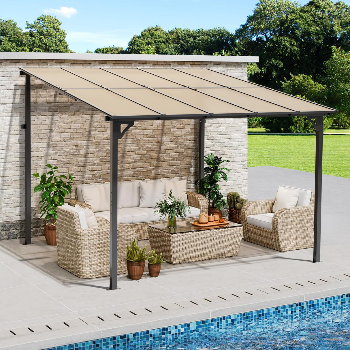 Crownland 10'x10' Outdoor Gazebo Hardtop, Wall-Mounted Lean-to Gazebo with Dewatering Hole, Large Outdoor Pergola Awning, Waterproof for Deck, Backyard, Garden, Porch Crownland