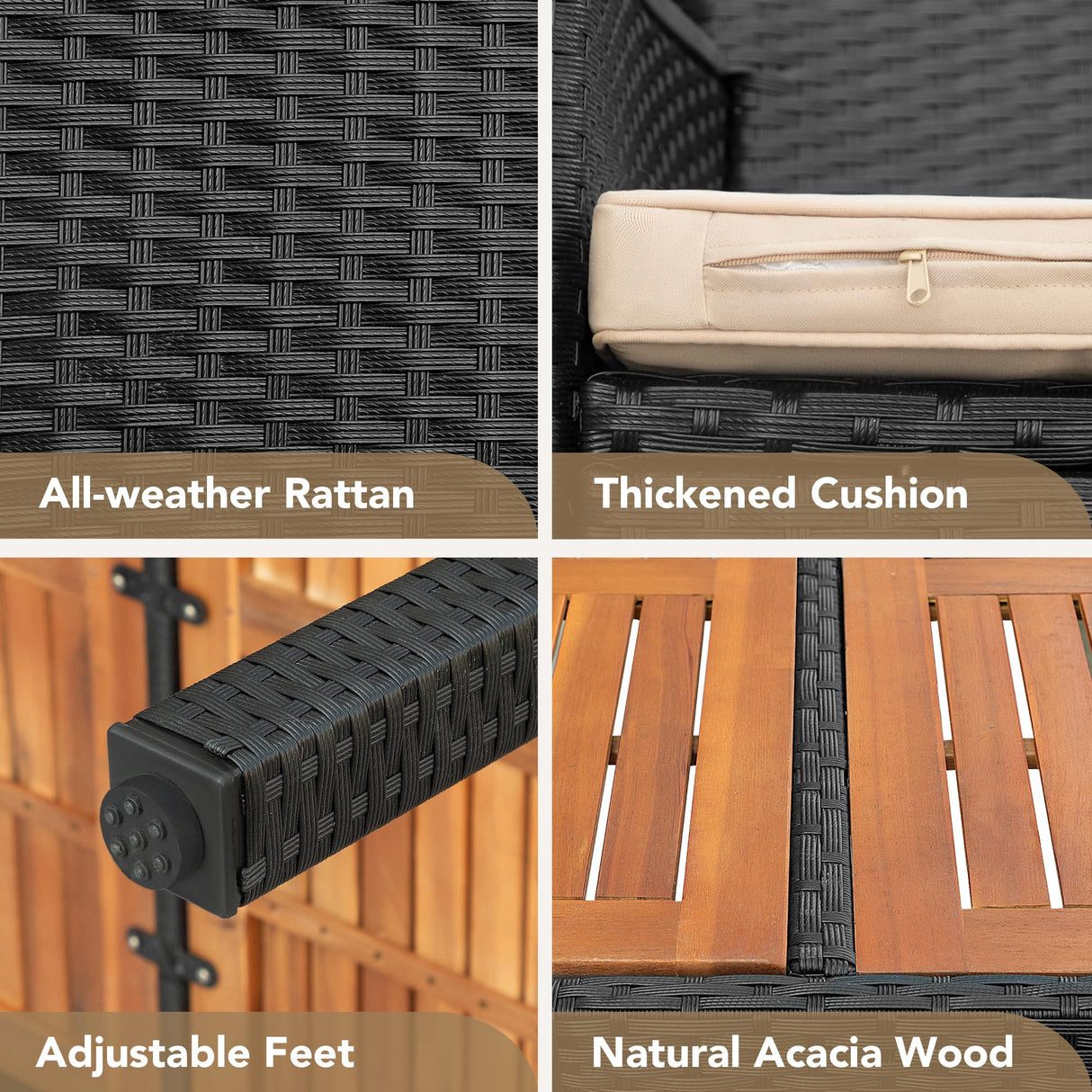 Devoko Dining 7 PCS Furniture, Patio Conversation Set with Acacia Wood Table Top, Rattan Outdoor, Black Devoko