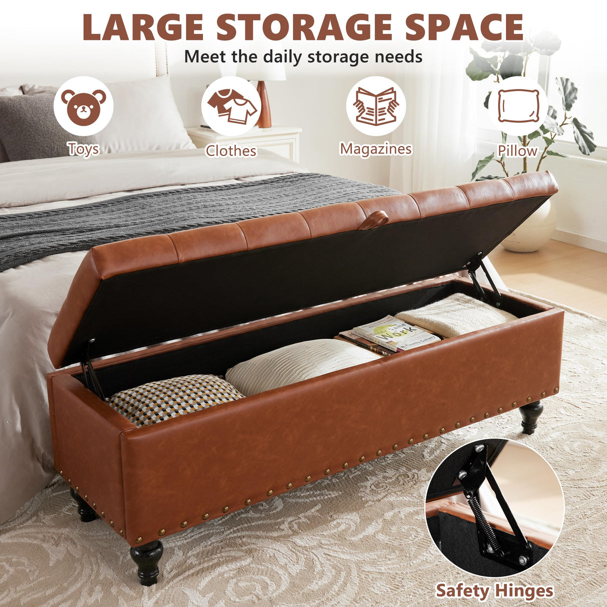 Dowiean 51.8’’ Storage Ottoman Bench, Faux Leather Ottoman with Storages, Window Benches Holds up to 330lbs, Upholstered Storage Bench for Bedroom, Living Room, Entryway and Family Room, Brown Dowiean