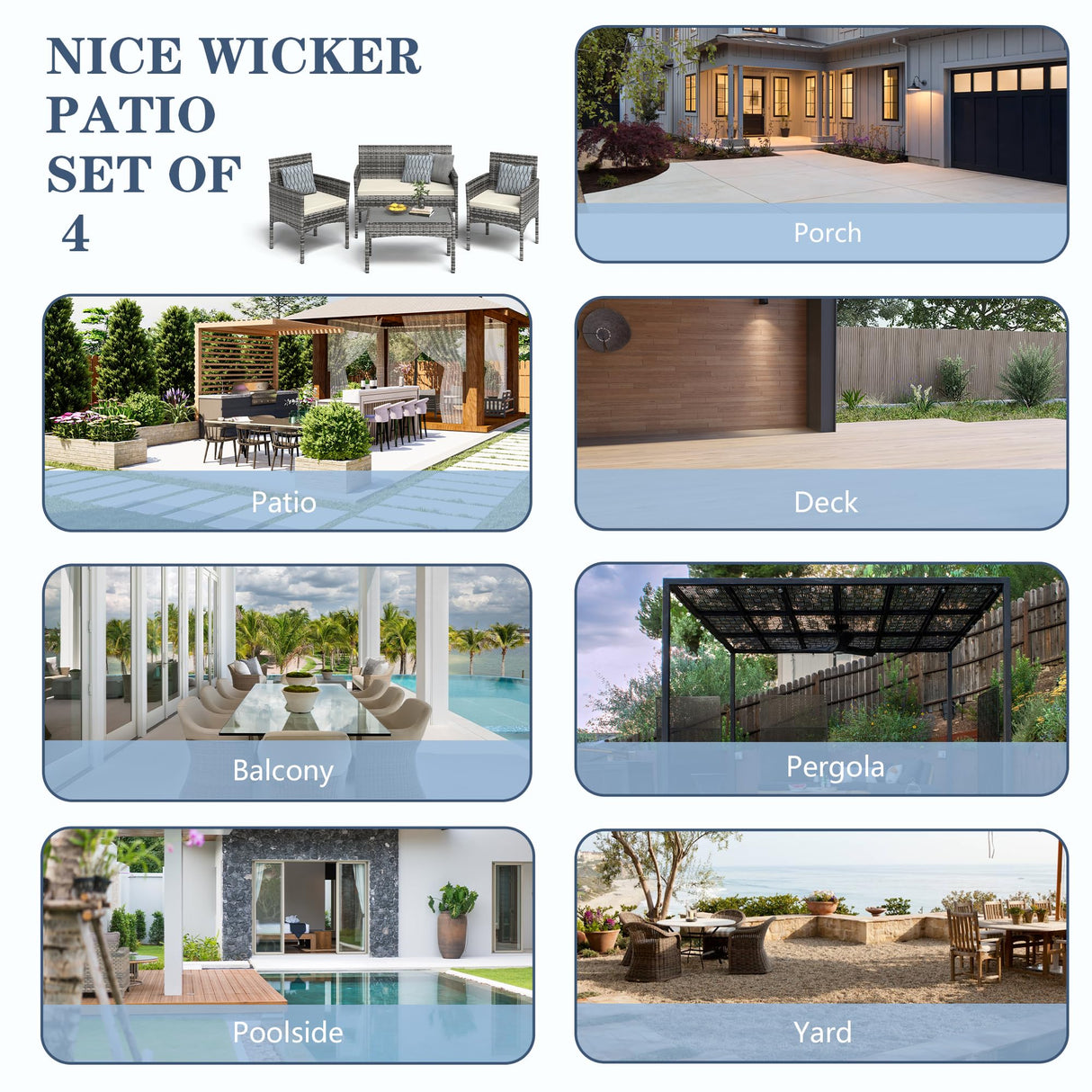 BUPPLEE 4 Pieces Patio Furniture Set, Outdoor Wicker Rattan Patio Conversation Furniture Set with Waterproof Cushion and Table for Lawn Poolside Backyard Garden Balcony Porch BUPPLEE