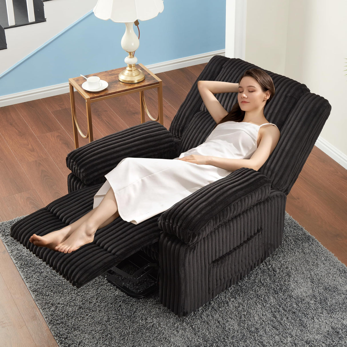 Garvee Corduroy Recliner Chair, Manual Recliner Sofa with Handle, Pillow Top Arms, Thick Padding, Side Pocket, 330Lbs Capacity, Adjustable Recliner for Living Room, Bedroom, Home Theater, Black Garvee