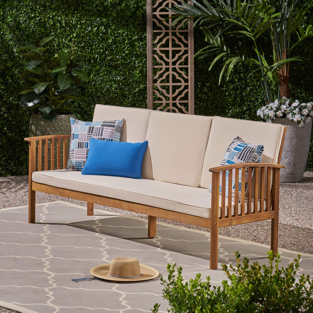 Christopher Knight Home Breenda Outdoor Acacia Wood Sofa with Cushions, Teak Finish, Cream Christopher Knight Home