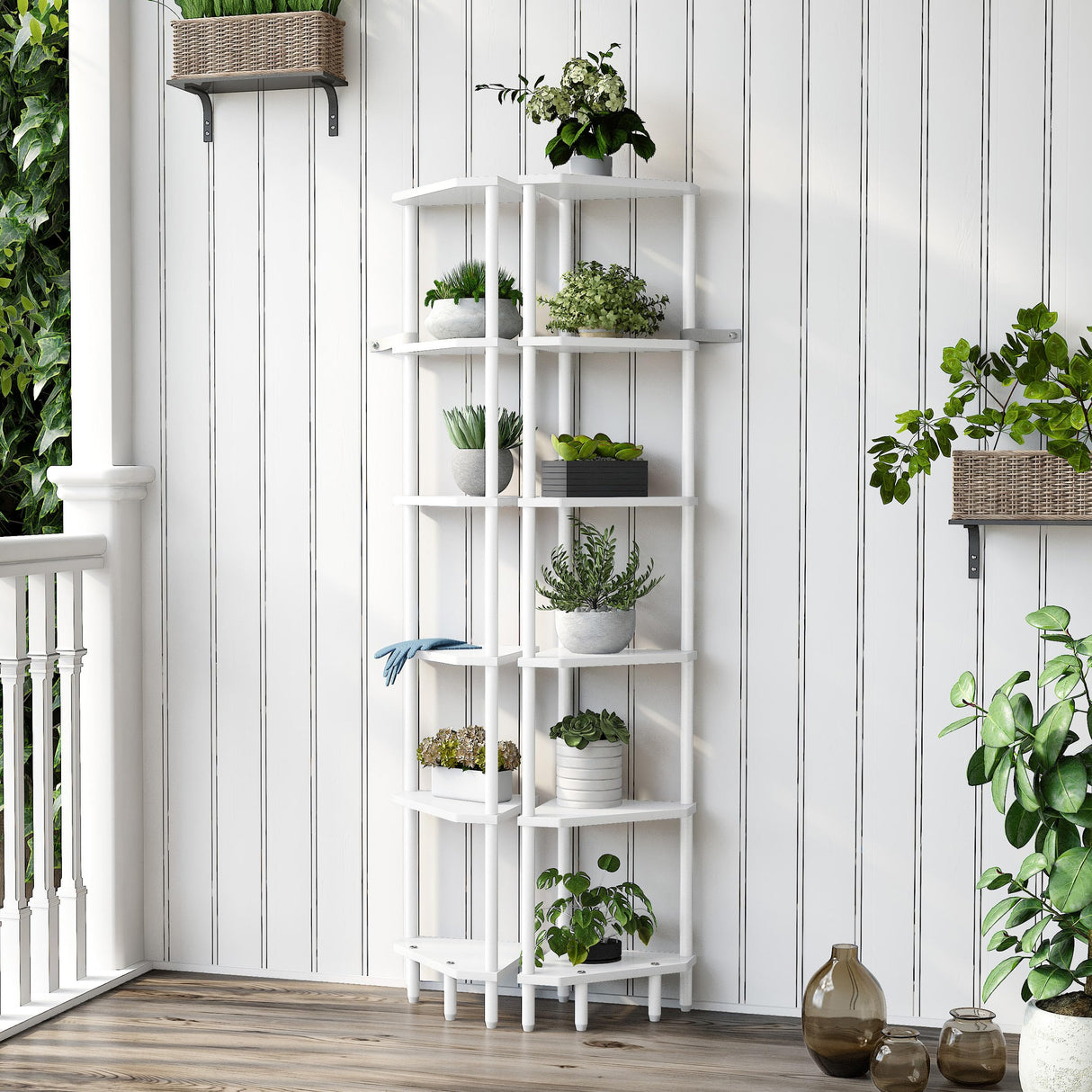 IRCPEN 6 Tier Corner Shelf with LED Light, 66.5'' Tall Standing Shelf, Narrow Display Shelf Stand, Modern Corner Bookshelf, Plant Stand, Corner Bookcase for Living Room, Bedroom, Small Space LCS502WE IRCPEN