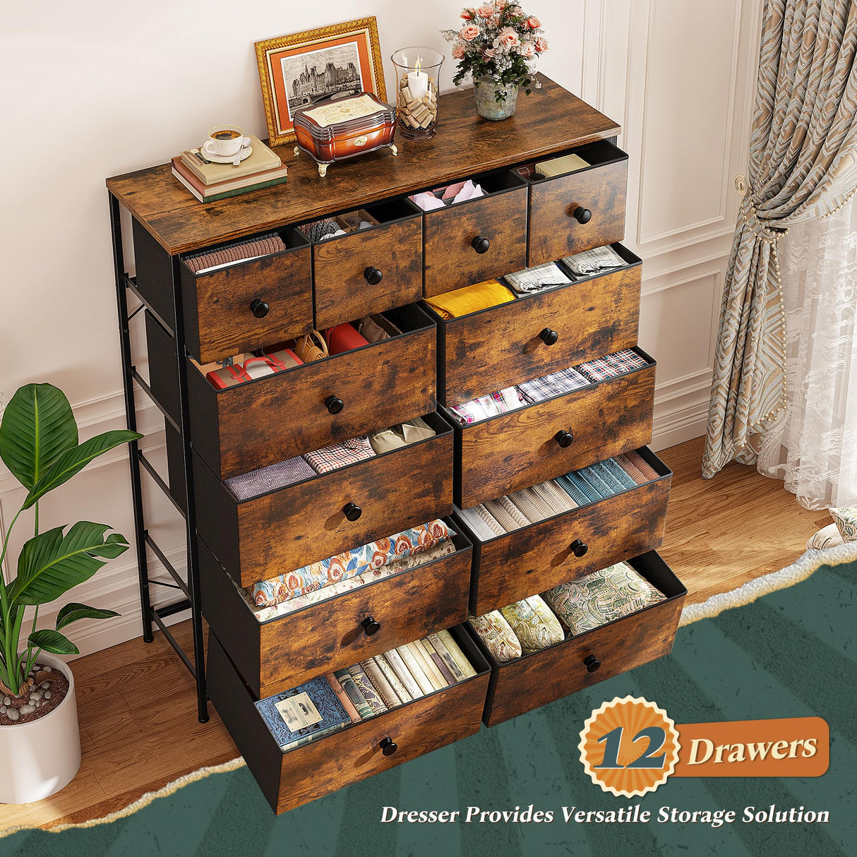 Romorgniz Tall Dresser for Bedroom with 12 Drawers, Fabric Storage Dressers & Chests of Drawers, Sturdy Metal Frame, Wood Top, Closet, Entryway, Bedroom Furniture (Rustic Brown) Romorgniz