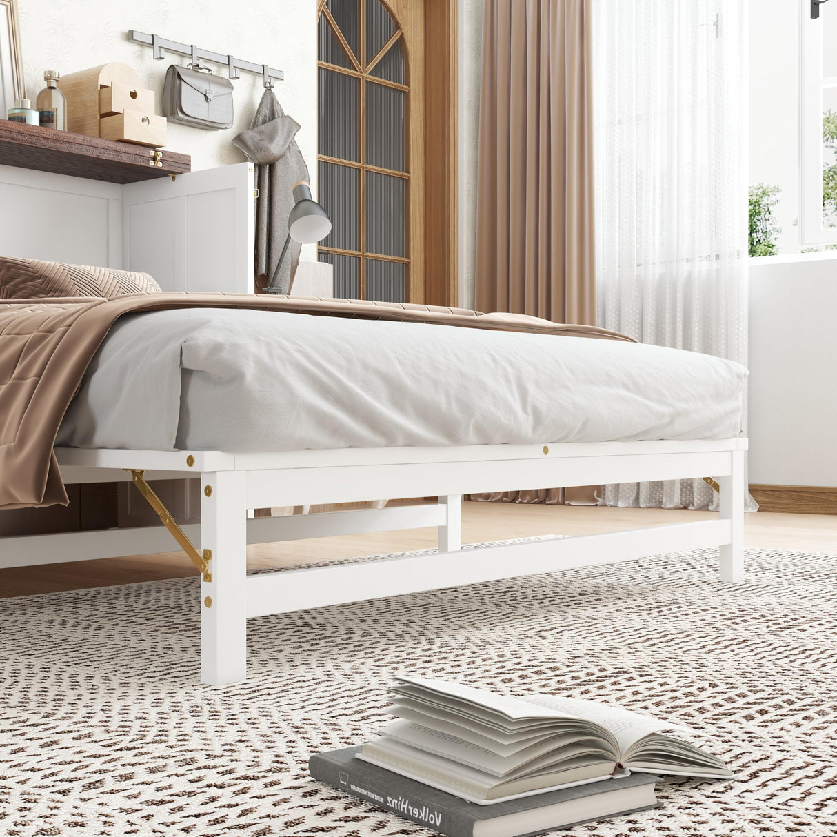 DaiNNCN Cabinet Murphy Bed with Storage Drawer and Charging Station,Cube Foldable Platform Bed,Space-Saving for Living Room,No Box Spring Needed,Full Size,White+Walnut DaiNNCN