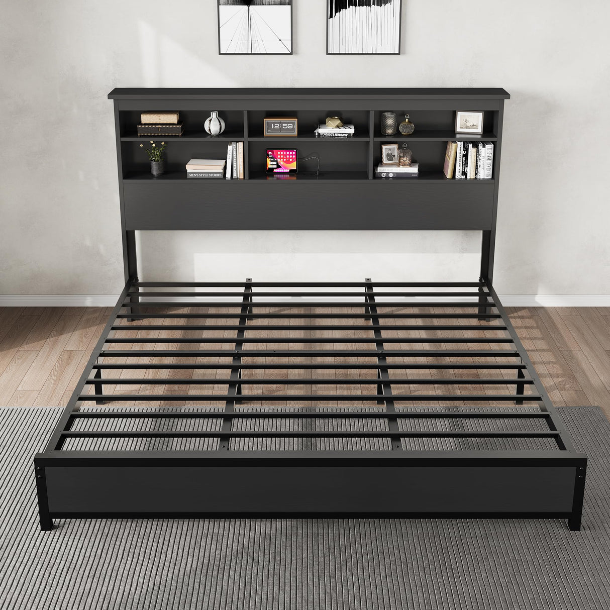GarveeHome King Size Bed Frame with Bookcase Headboard, 2-Tier Storage King Platform Bed with Charging Station, No Box Spring Needed Easy Assemble Black Mattress Foundation GarveeHome