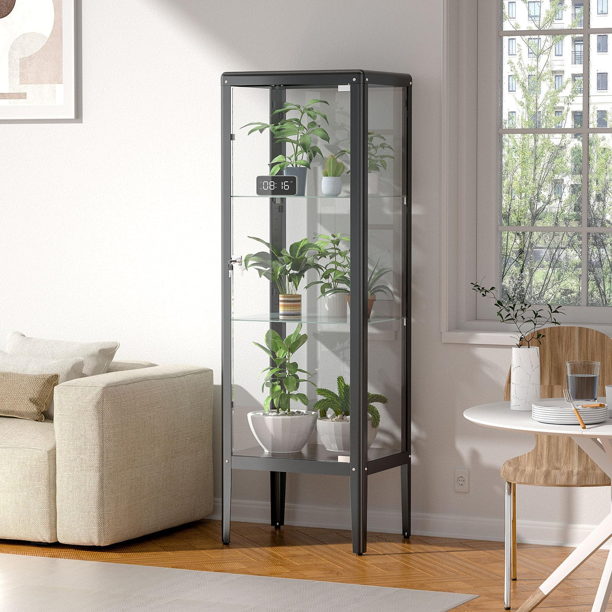 Ryoko Glass Display Cabinet with LED Light, Adjustable 3-Shelf Shelves, Curio Cabinets Metal Storage Display Case for Living Room Bedroom Office (Dark Grey) Ryoko