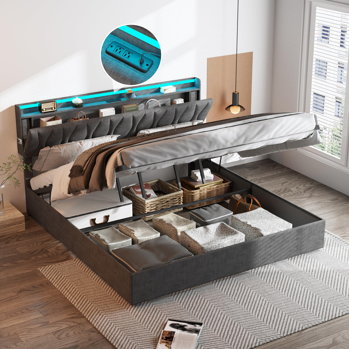 King Size Lift Up Storage Bed Frame, Height Adjustable Storage Headboard with Charging Station, LED Lights Upholstered Platform Bed, Wooden Slat, No Box Spring Needed, Noise-Free, Dark Grey Fameill