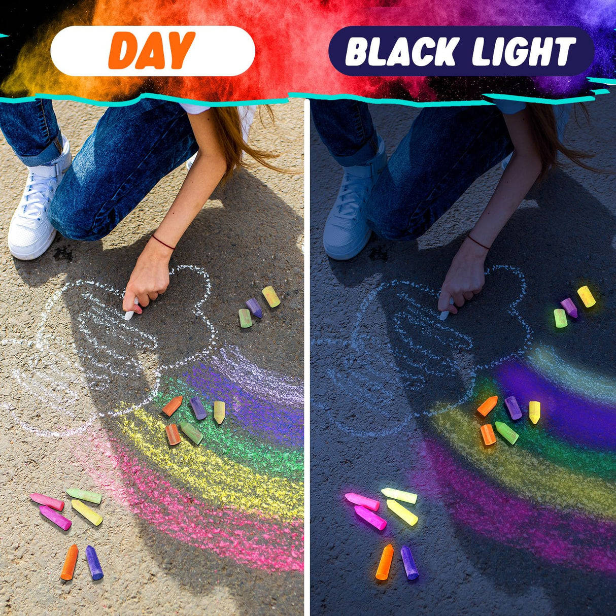 Feifeiya 12 Pcs Glow in the Dark Chalk Under Blacklight, 6 Neon Colors Washable Dustless UV Sidewalk Chalk for Black Light Party Playground Chalkboard Birthday Gift and Outdoor Drawing (Crayon) Feifeiya