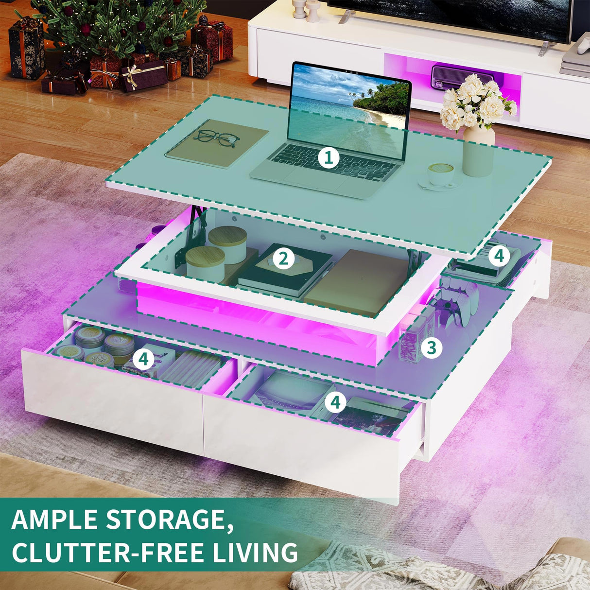 YITAHOME LED Lift Top Coffee Tables for Living Room, High Glossy Coffee Table with Storages 4 Spacious Drawers, Modern Rectangle Coffee Tables Small Center Table for Home Office, Glossy White YITAHOME
