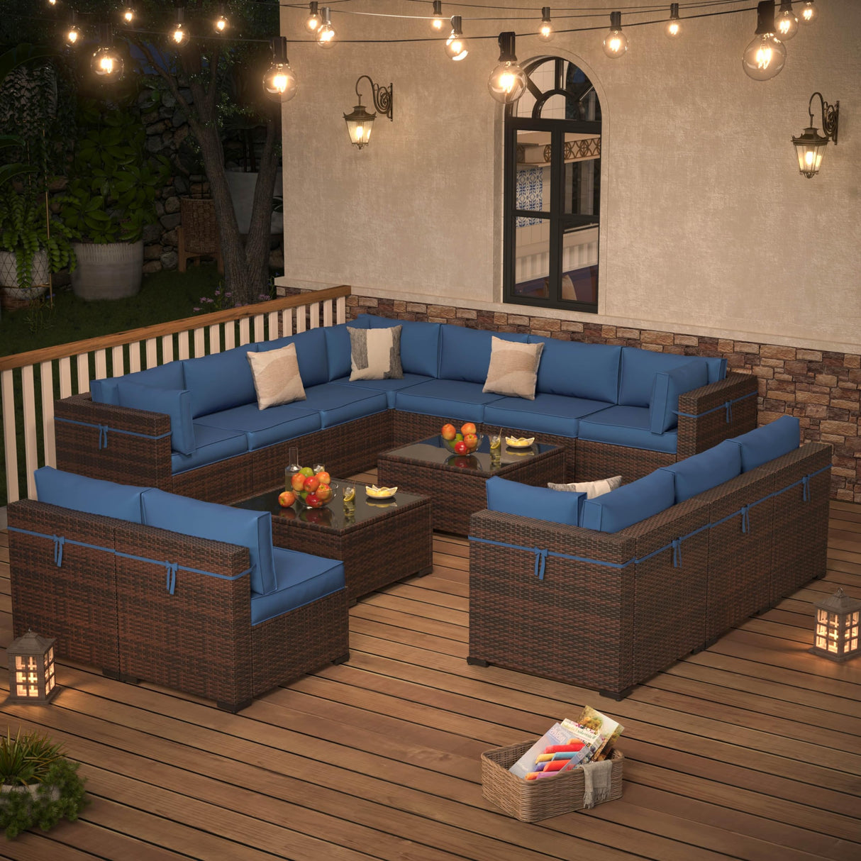 Amopatio Outdoor Patio Furniture Set, 14 Pieces PE Wicker Pit Sectional Sofa with Blue Cushions, Coffee Tables, All-Weather Covers, Patio Conversation Sets Fits Patio Deck Balcony Yard Amopatio