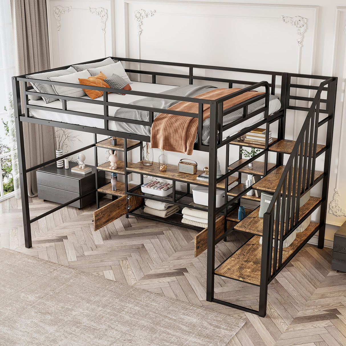 Ziraukon Full Size Metal Loft Bed with Staircase, Heavy Duty Bed Frame, Low Storage Table and Storage Shelves, Maximize Space Saving, Study and Multifunctional, Black Ziraukon