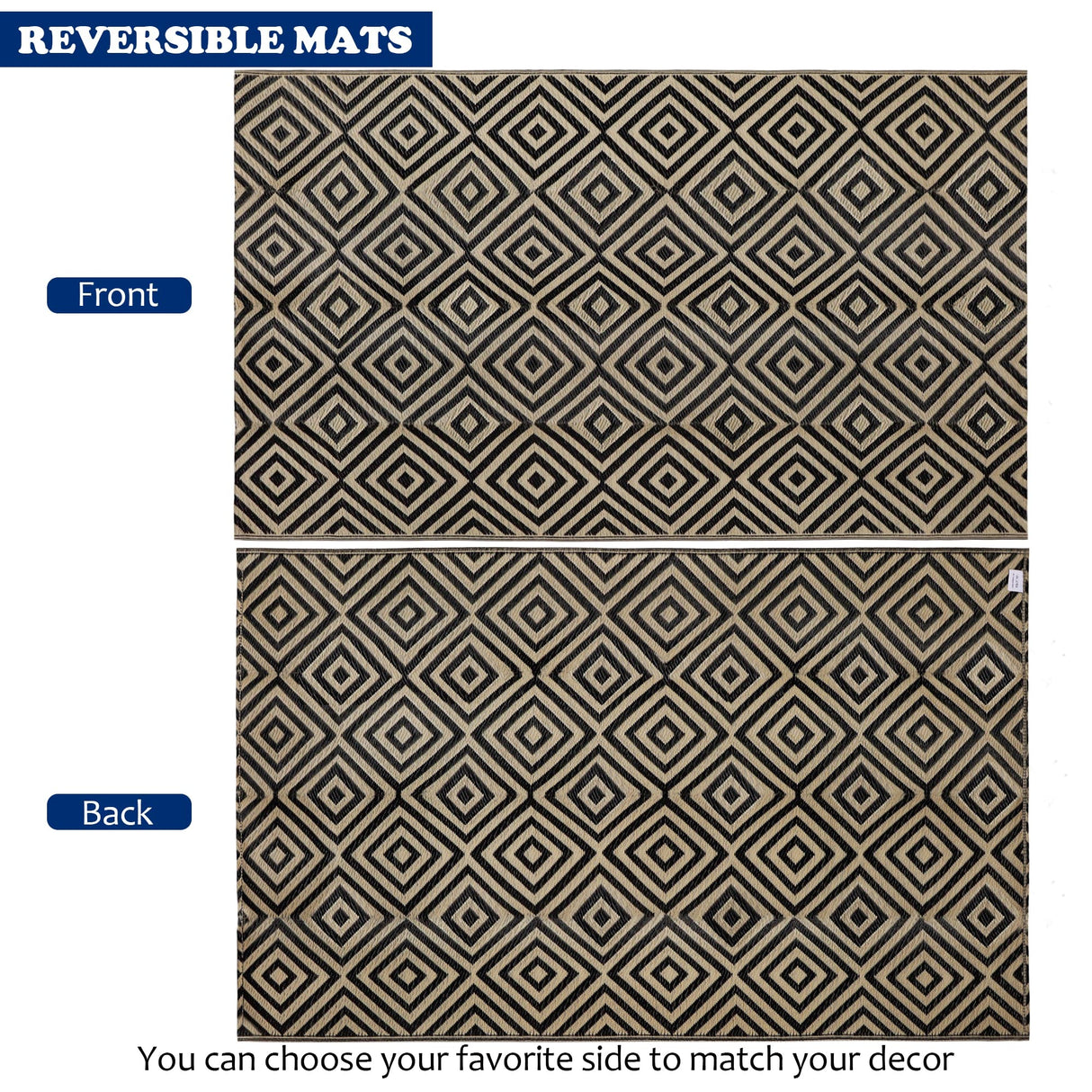 Ridota Reversible Mats, Outdoor Patio Rugs, Plastic Straw Rug, Modern Area Rug, Floor Mat for Outdoors, RV, Patio, Backyard, Deck, Picnic, Beach, Trailer, Camping (Diamond Black & Beige, 5' x 8') Ridota